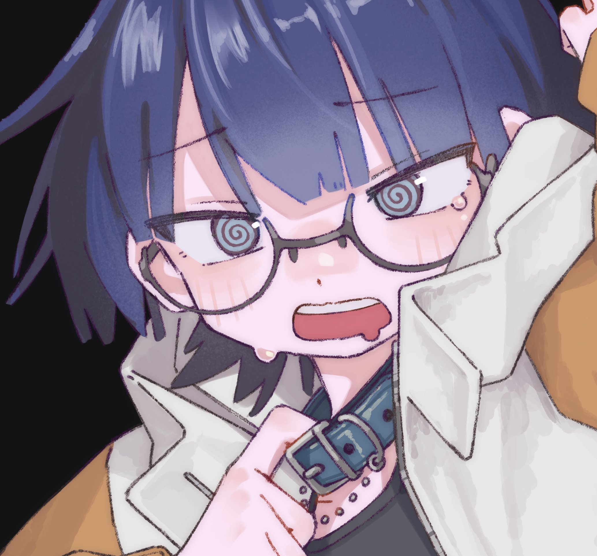 nanoni!, original, highres, 1girl, black-framed eyewear, black background, black shirt, blue collar, blue hair, blunt bangs, blush, brown eyes, collar, collar tug, drooling, glasses, jacket, mouth drool, open mouth, portrait, shirt, short hair, simple background, solo, sweatdrop, yellow jacket