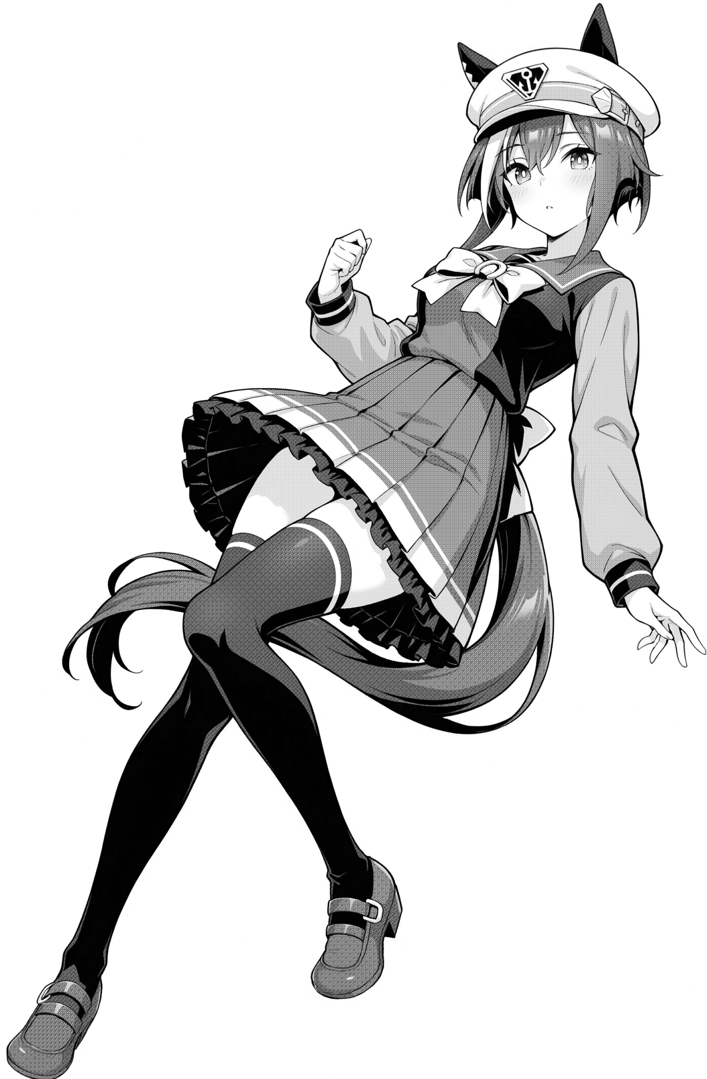 akagi koku, cheval grand (umamusume), umamusume, commentary, highres, 1girl, animal ears, back bow, bow, bowtie, ears through headwear, frilled skirt, frills, full body, greyscale, hand up, hat, horse ears, horse girl, horse tail, long sleeves, looking at viewer, monochrome, parted lips, pleated skirt, sailor collar, school uniform, shirt, shoes, short hair, simple background, skirt, solo, tail, thighhighs, tracen school uniform, white hat, zettai ryouiki