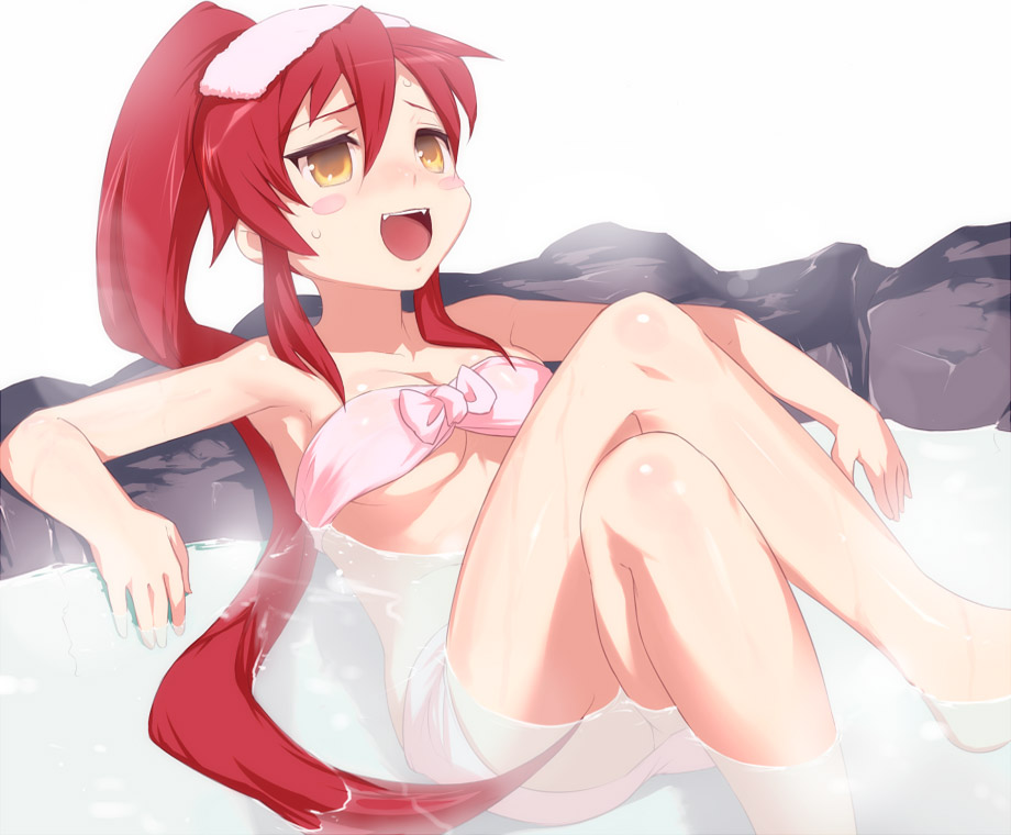 uni (plastic girl), yoko littner, tengen toppa gurren lagann, 00s, 1girl, blush stickers, crossed legs, fangs, female focus, onsen, open mouth, ponytail, red hair, sitting, solo, towel, towel on head, water, yellow eyes