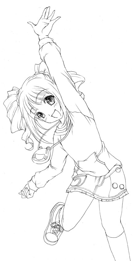 map (blue catty), takatsuki yayoi, idolmaster, idolmaster (classic), idolmaster 1, 00s, 1girl, arm up, female focus, greyscale, happy, monochrome, open mouth, solo, twintails