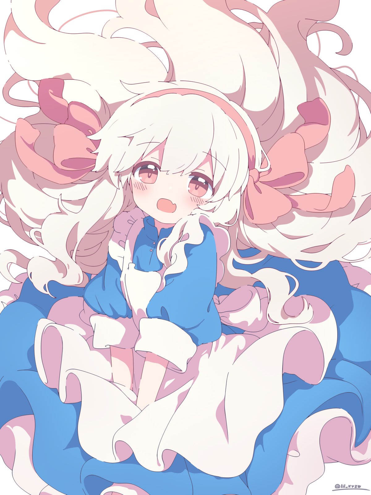 lil (lil xyzw), kozakura marry, original, highres, 1girl, apron, blue dress, blush, bow, bow hairband, collared dress, double-parted bangs, dress, fang, frilled apron, frills, hair bow, hairband, long hair, looking at viewer, open mouth, pink bow, pink eyes, pink hairband, short sleeves, simple background, smile, solo, very long hair, white apron, white background, white hair