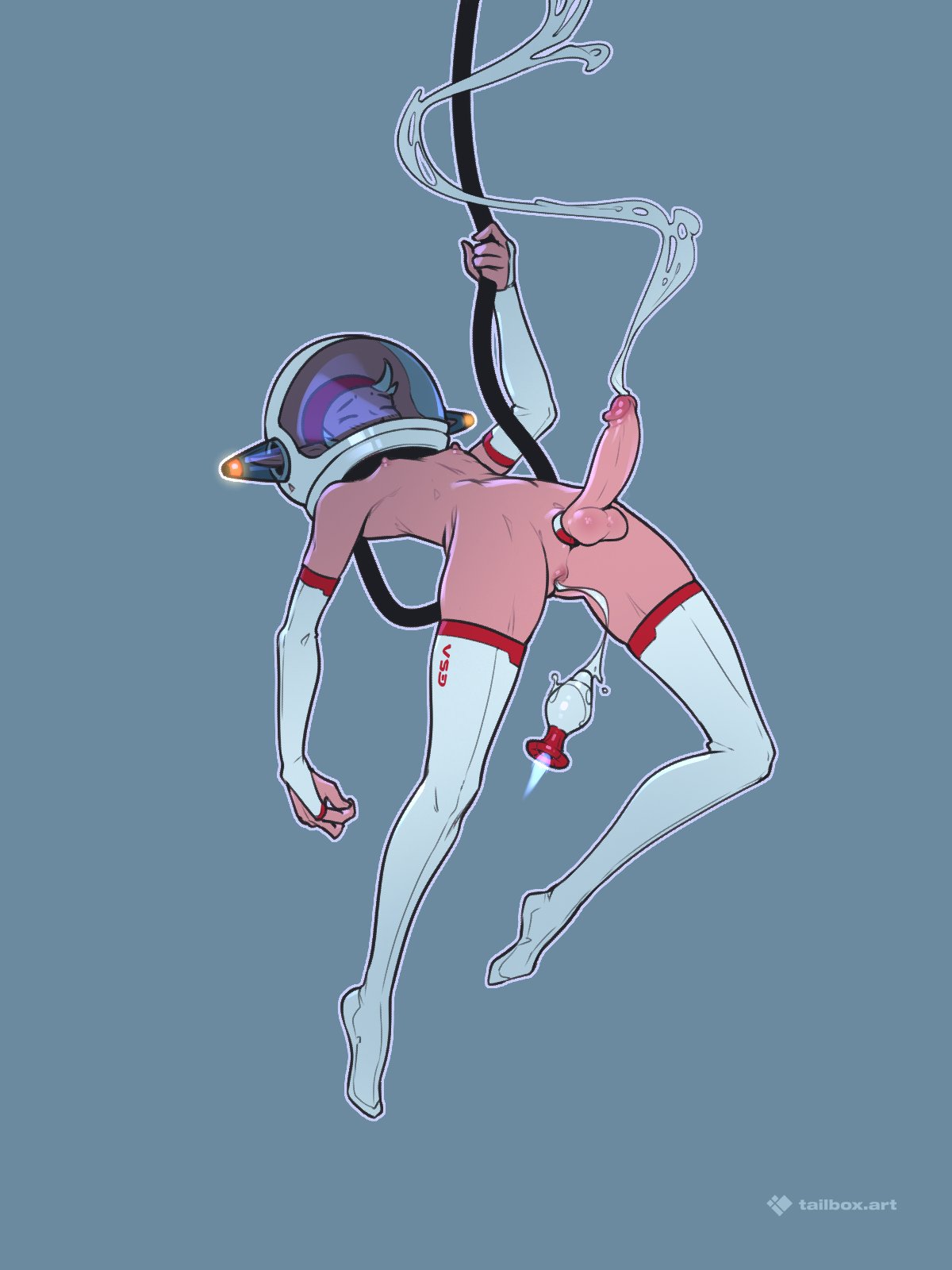 tailbox, original, commentary, highres, symbol-only commentary, 1boy, air hose, androgynous, anus, astronaut, blue background, bridal gauntlets, butt plug, closed eyes, cock ring, cum, cum string, ejaculation, erection, full body, helmet, male focus, nipples, outline, sex toy, simple background, solo, space helmet, thighhighs, white outline, white thighhighs
