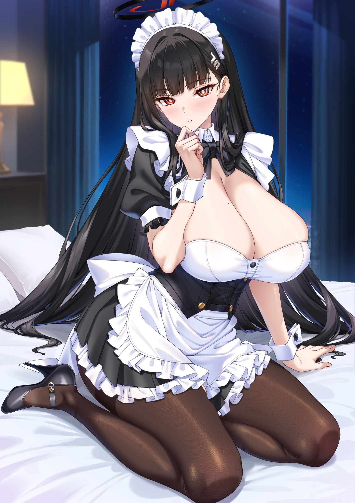 shirokuma a, rio (blue archive), blue archive, commentary request, highres, 1girl, alternate costume, apron, black hair, black shoes, blush, breasts, bright pupils, brown pantyhose, cleavage, full body, hair ornament, hairclip, halo, hand up, high heels, huge breasts, long hair, looking at viewer, maid, maid headdress, mole, mole on breast, pantyhose, parted lips, red eyes, shoes, short sleeves, sitting, solo, thighs, white apron, white pupils, wrist cuffs