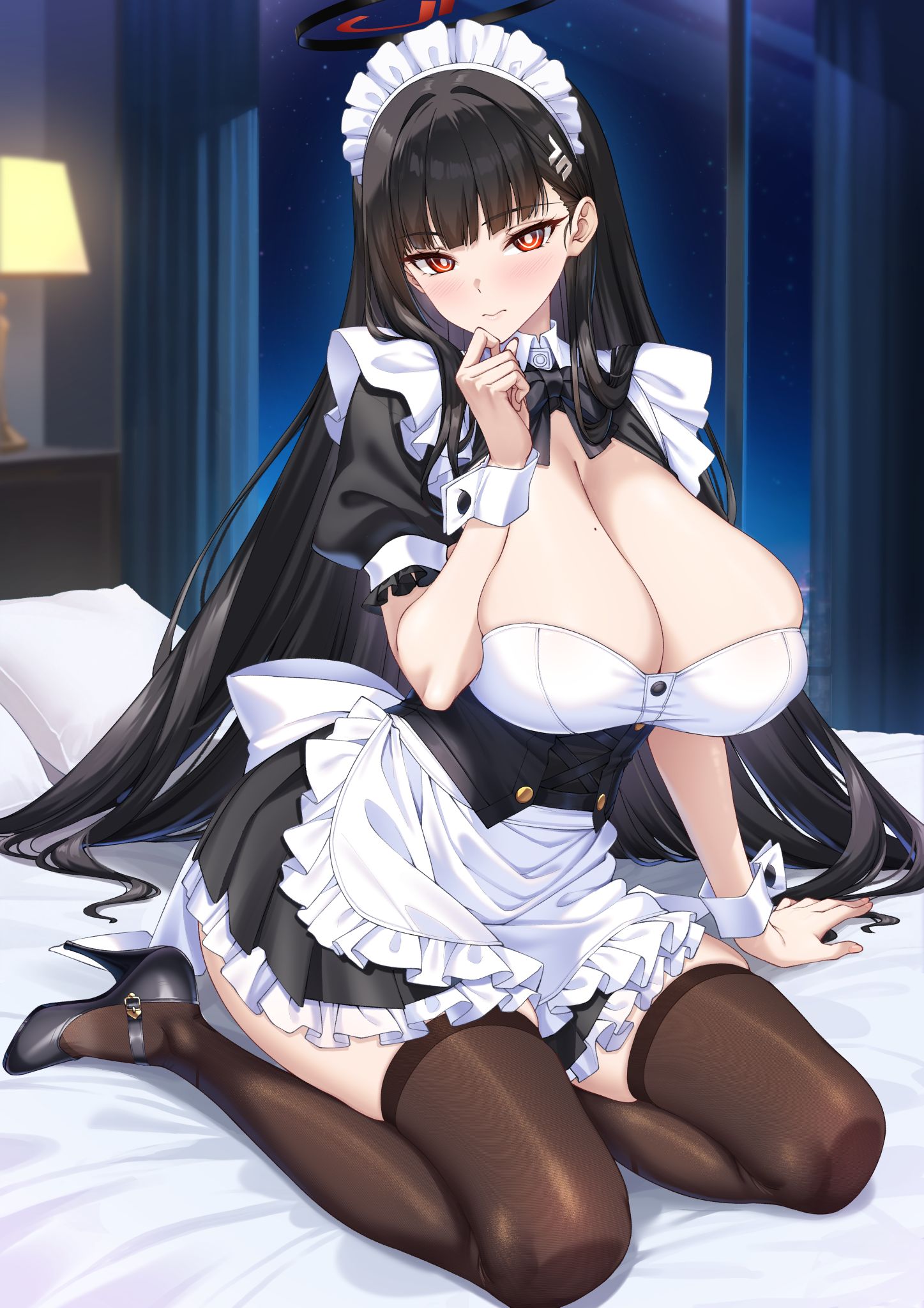shirokuma a, rio (blue archive), blue archive, commentary request, highres, 1girl, alternate costume, apron, black hair, black shoes, blush, breasts, bright pupils, brown thighhighs, cleavage, closed mouth, full body, hair ornament, hairclip, halo, hand up, high heels, huge breasts, long hair, looking at viewer, maid, maid headdress, mole, mole on breast, red eyes, shoes, short sleeves, sitting, solo, thighhighs, thighs, white apron, white pupils, wrist cuffs