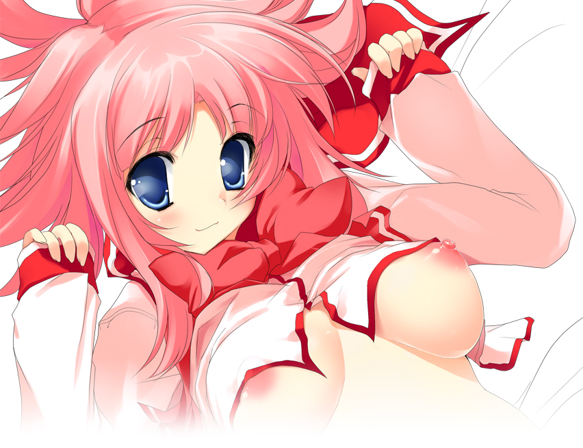 yoshiwo, kouno harumi (to heart), milfa (to heart), to heart (series), to heart 2, 00s, 1girl, :3, bed, blue eyes, blush, bow, bowtie, breasts, clothes lift, female focus, large breasts, long sleeves, lying, nipples, no bra, pink hair, puffy nipples, school uniform, serafuku, shirt lift, sleeves past wrists, smile, solo, underboob, upper body