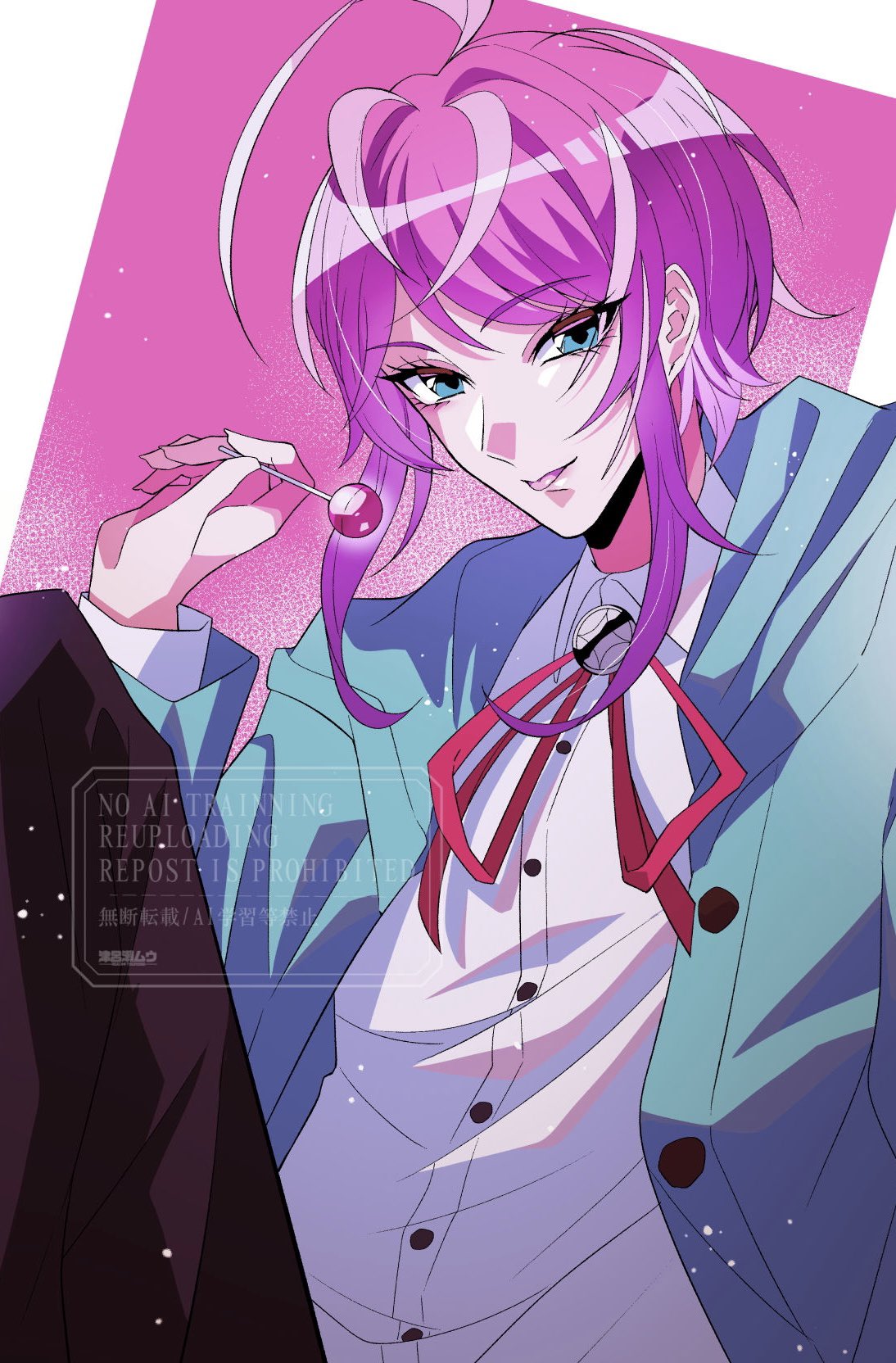 muutsurose, amemura ramuda, hypnosis mic, commentary request, highres, 1boy, ahoge, androgynous, black pants, blue eyes, blue jacket, candy, collared shirt, food, holding, holding candy, holding food, holding lollipop, jacket, lollipop, long sleeves, looking at viewer, male focus, medium hair, pants, pink background, pink hair, shirt, smile, solo, swept bangs, tongue, tongue out, watermark, white shirt