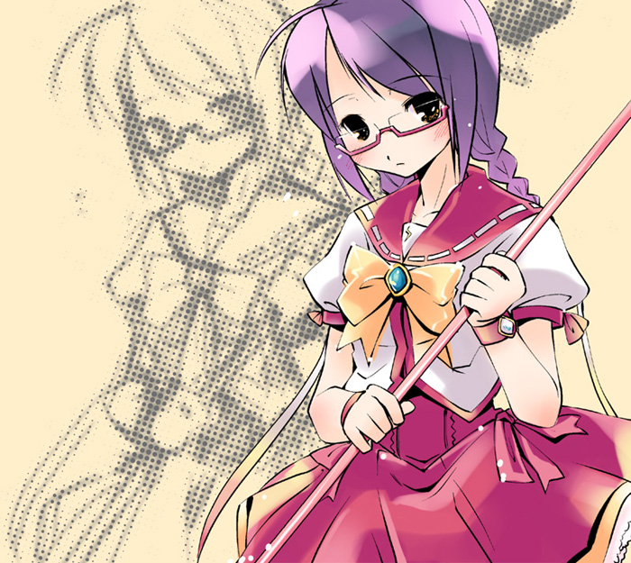 nagisa honoka, original, beige background, 1girl, bow, bowtie, female focus, glasses, holding, looking at viewer, pleated skirt, puffy short sleeves, puffy sleeves, red skirt, sailor collar, school uniform, serafuku, shirt, short sleeves, simple background, skirt, solo, white shirt, yellow bow, yellow bowtie
