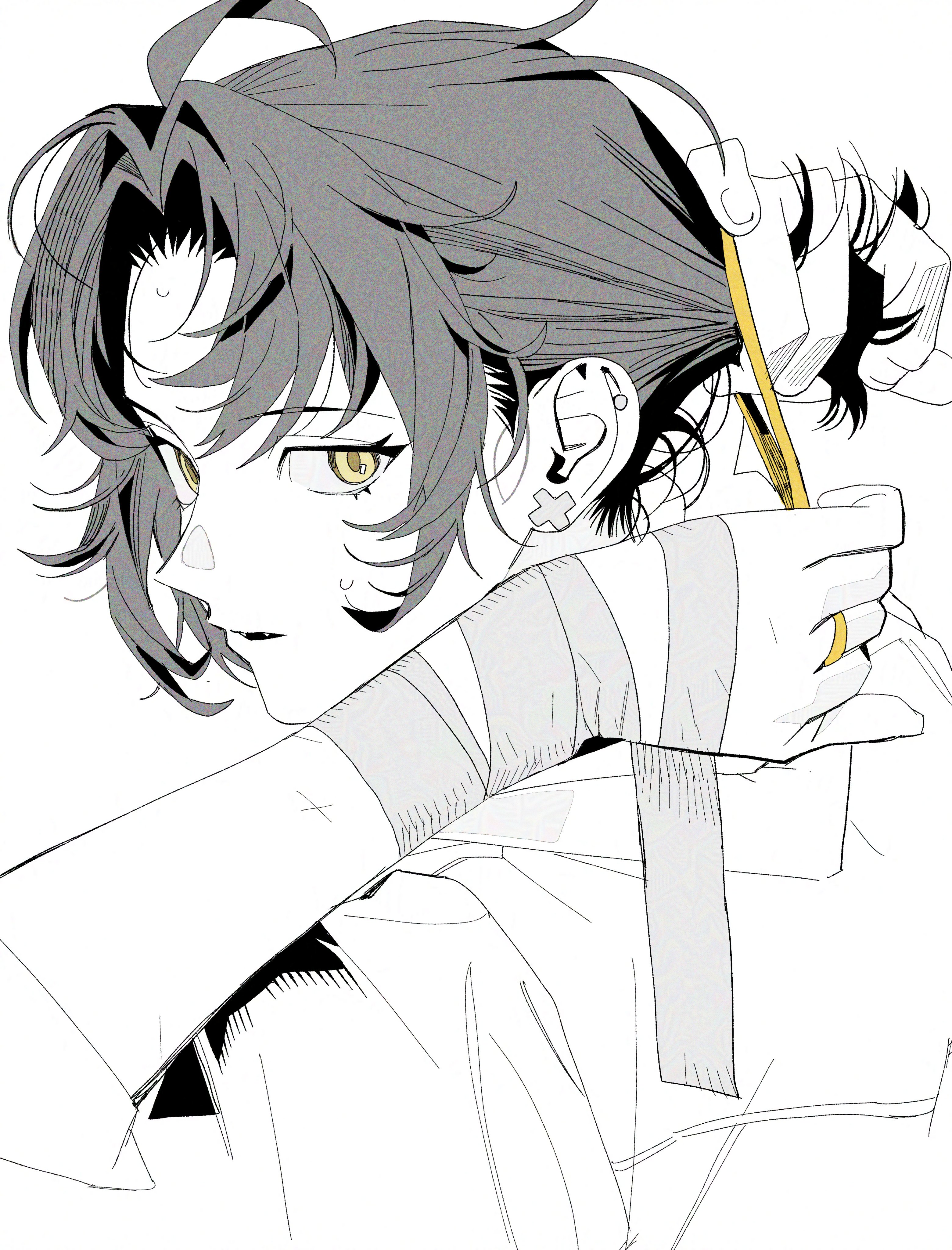pd honey, asaba harumasa, zenless zone zero, absurdres, highres, 1boy, bandaged arm, bandages, black hair, earrings, fangs, hair tie, jewelry, looking at viewer, open mouth, partially colored, piercing, scratches, shirt, sleeves rolled up, sweat, white background, x-shaped earrings, yellow eyes