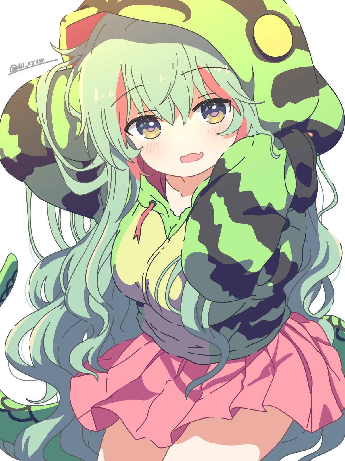 lil (lil xyzw), boomslang (kemono friends), kemono friends, highres, 1girl, blush, breasts, drawstring, fang, green hair, green hoodie, hair between eyes, hood, hood up, hoodie, long hair, long sleeves, looking at viewer, multicolored hair, open mouth, pink skirt, pleated skirt, print hoodie, simple background, skin fang, skirt, snake tail, solo, tail, twitter username, very long hair, white background, yellow eyes