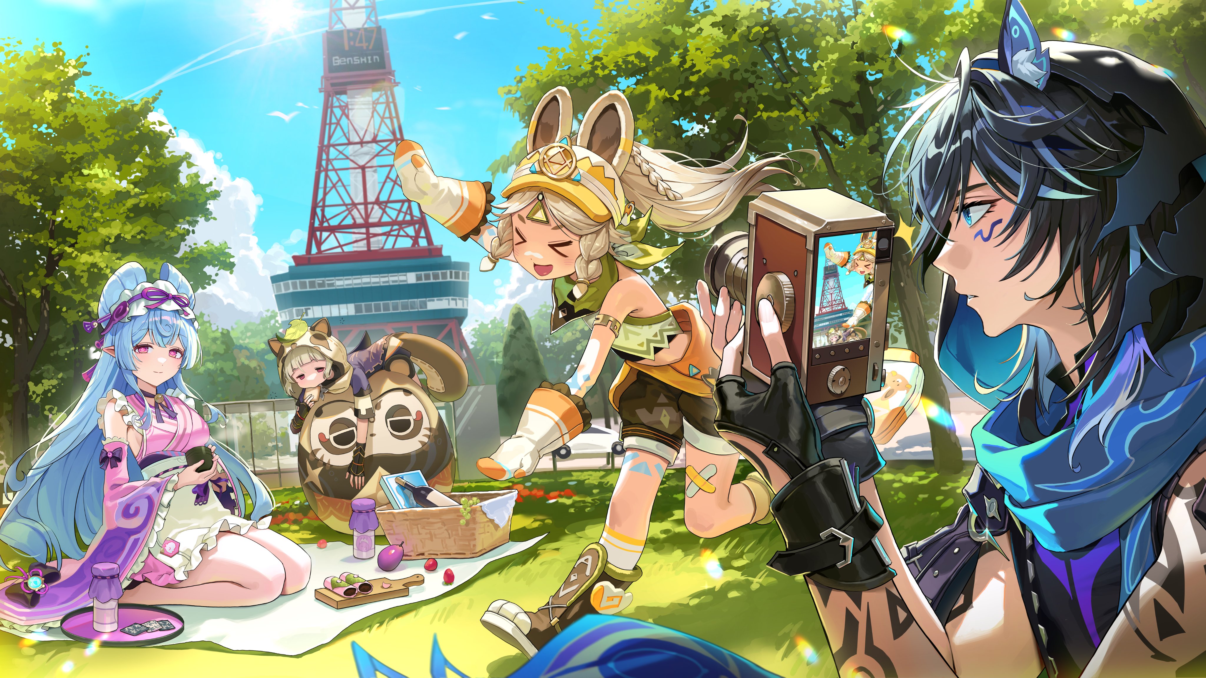 ryugisa, kachina (genshin impact), muji-muji daruma (genshin impact), ororon (genshin impact), sayu (genshin impact), yumemizuki mizuki, genshin impact, absurdres, highres, official art, second-party source, > <, 1boy, 3girls, animal ear fluff, animal ears, animal hood, arm tattoo, basket, bat ears, black hair, black hood, black shorts, blonde hair, blue hair, blue scarf, blunt bangs, blush, boots, bottle, braid, breasts, camera, closed eyes, closed mouth, crop top, cup, detached sleeves, fake animal ears, fingerless gloves, food, frilled hairband, frills, gloves, green scarf, grey hair, hairband, hat, holding, holding camera, holding cup, hood, hood up, japanese clothes, kimono, leaf, leaf on head, long hair, looking at viewer, milk bottle, multiple girls, open mouth, pink eyes, pink kimono, pink sleeves, pointy ears, raccoon ears, scarf, short hair, shorts, smile, tail, tattoo, tokyo tower, twin braids, very long hair, visor cap, yellow hat