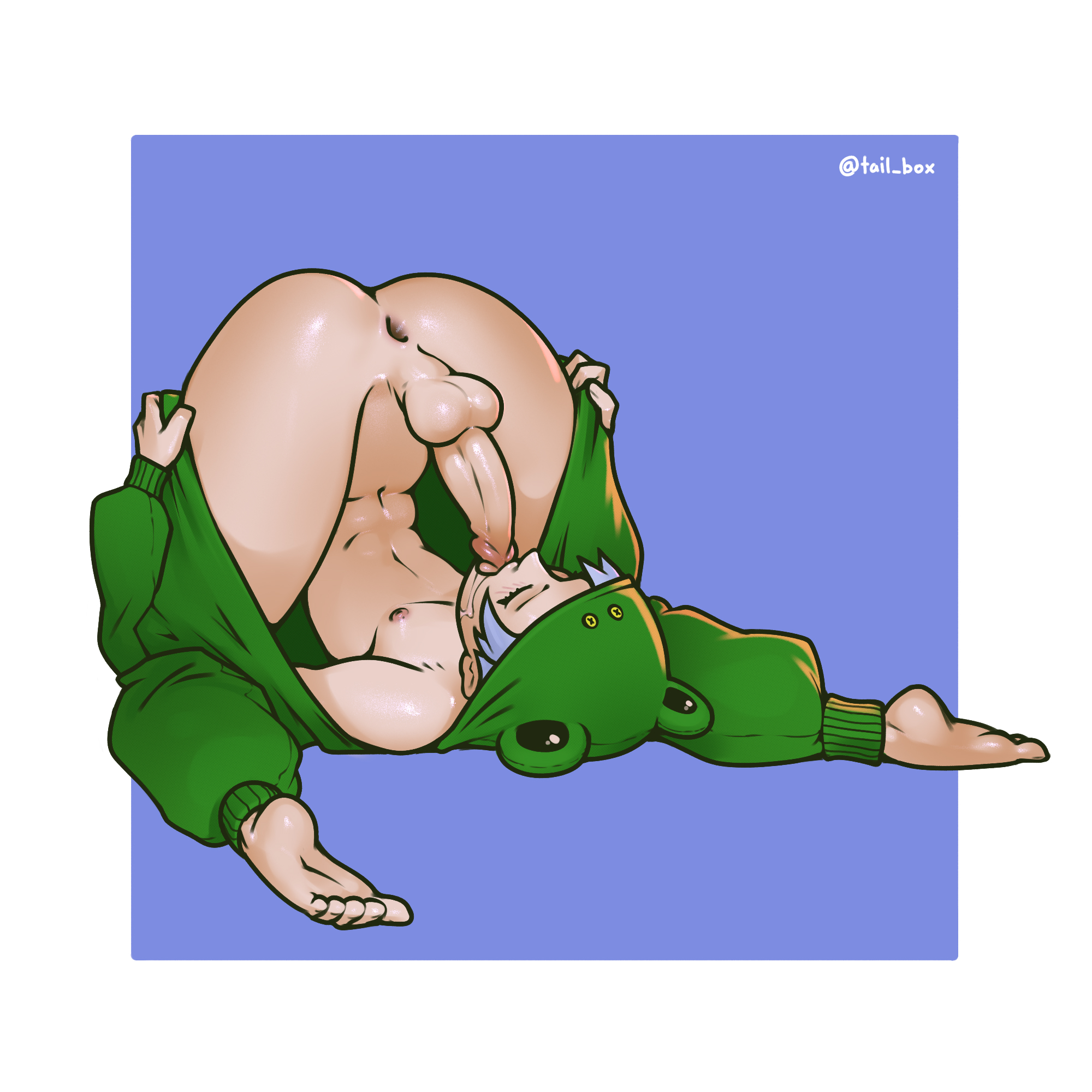tailbox, original, highres, 1boy, abs, animal hood, anus, autofellatio, barefoot, erection, fellatio, frog hood, full body, hood, male focus, masturbation, navel, oral, short hair, solo, white hair
