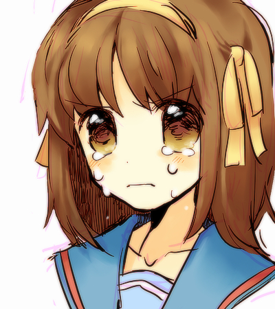 mozu (modagoro), suzumiya haruhi, suzumiya haruhi no yuuutsu, lowres, 00s, blush, brown eyes, brown hair, hair ribbon, hairband, ribbon, school uniform, serafuku, short hair, solo, tears