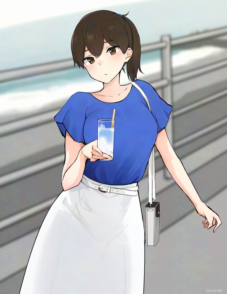 mani oniniku, kaga (kancolle), kaga (kure) (kancolle), kantai collection, commentary request, 1girl, black hair, blue shirt, brown eyes, drink, long hair, long skirt, official alternate costume, railing, shirt, short sleeves, side ponytail, skirt, solo, white skirt