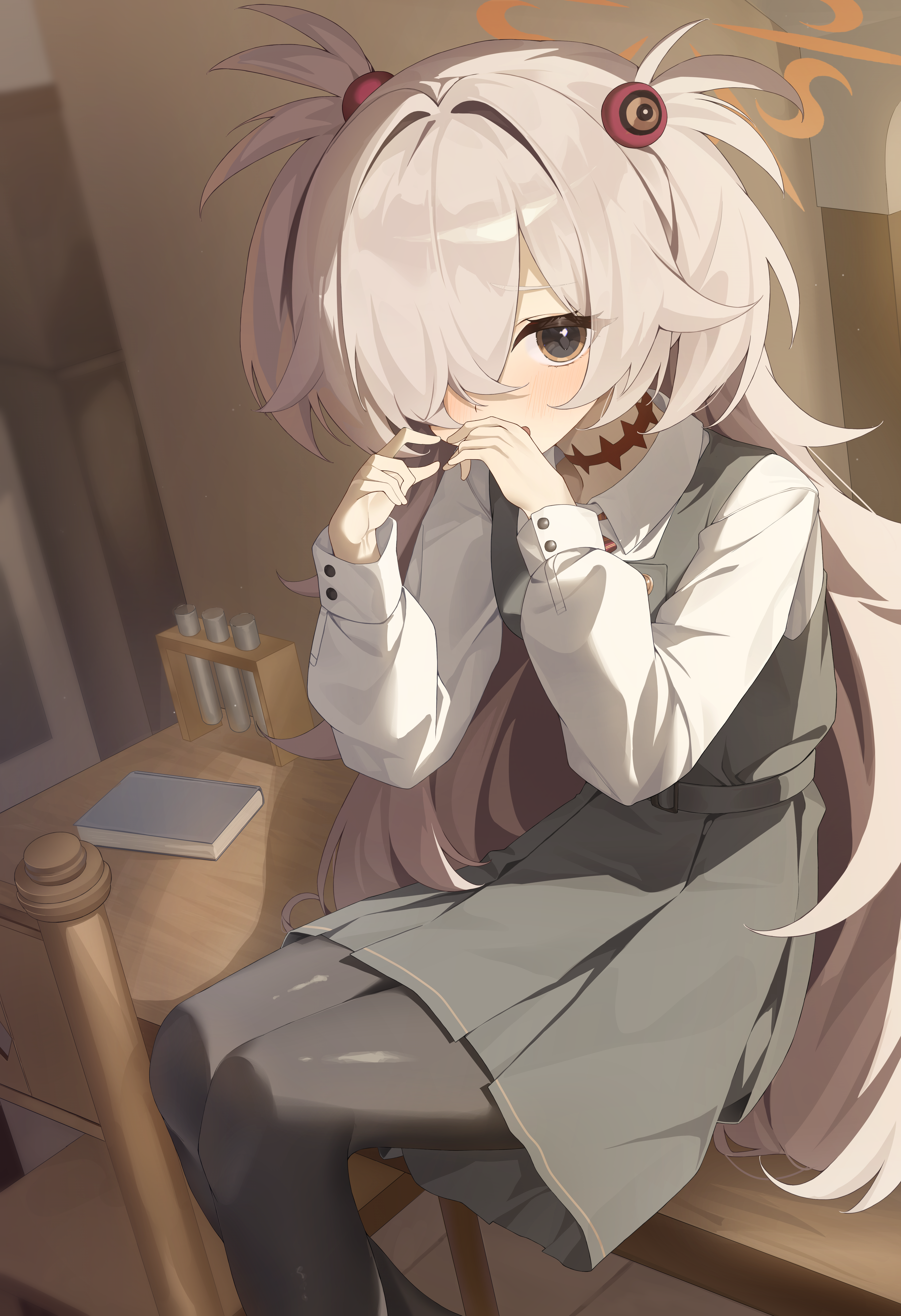 k cyp, kanoe (blue archive), blue archive, absurdres, highres, 1girl, black pantyhose, blush, collared shirt, dress, grey hair, hair ornament, hair over one eye, halo, long hair, long sleeves, looking at viewer, open mouth, pantyhose, pinafore dress, shirt, sleeveless, sleeveless dress, smile, solo, two side up, very long hair, white shirt