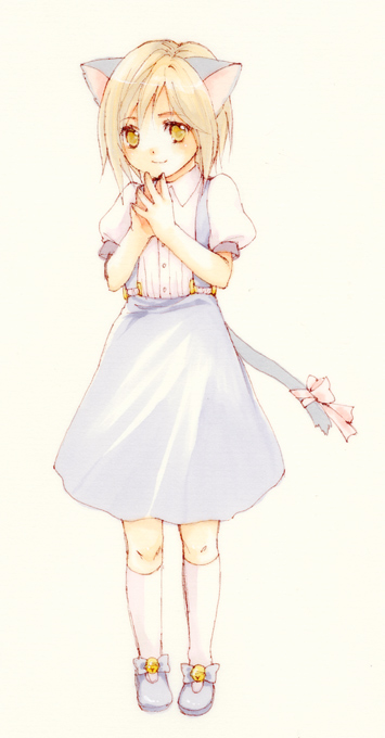 usashiro mani, original, 1girl, animal ears, bell, blonde hair, blush, cat ears, cat tail, female focus, kneehighs, own hands together, pink ribbon, ribbon, short hair, smile, socks, solo, tail, tail ornament, tail ribbon, yellow eyes