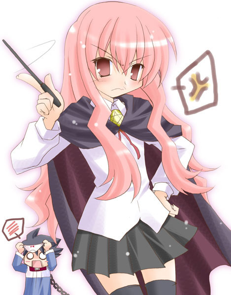 hijiri rue, ruzeygarg, hiraga saito, louise francoise le blanc de la valliere, zero no tsukaima, 00s, 1boy, 1girl, anger vein, black dress, black hair, black thighhighs, dress, frown, hand on own hip, long hair, o o, panties, pantyshot, pentacle, pink eyes, pink hair, skirt, thighhighs, underwear, upskirt, wand, white background