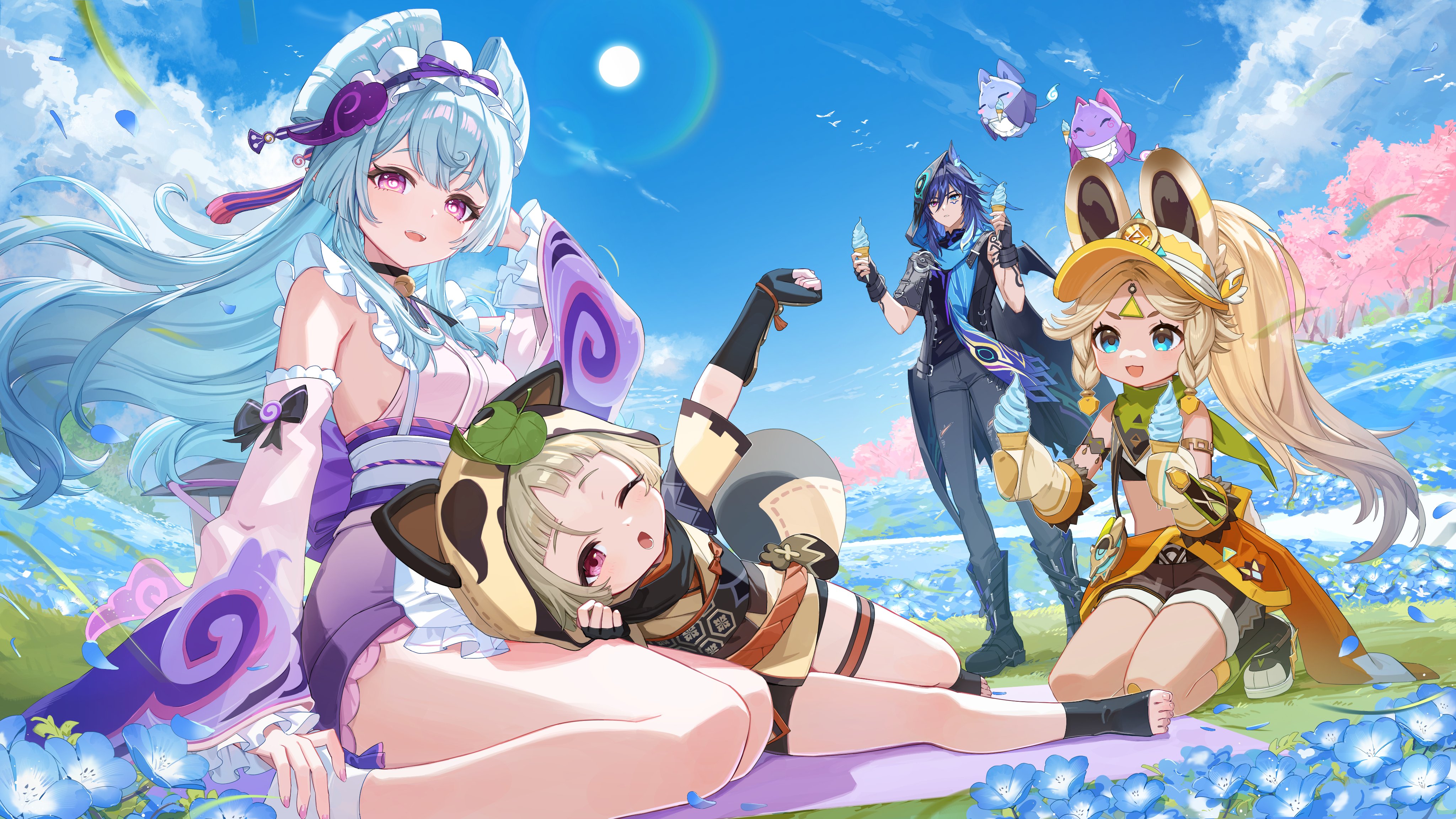 yu-ri (arium047), kachina (genshin impact), ororon (genshin impact), sayu (genshin impact), yumemizuki mizuki, genshin impact, absurdres, highres, official art, second-party source, 1boy, 3girls, animal ear fluff, animal ears, animal hood, aqua hair, arm tattoo, black choker, black gloves, black hood, black jacket, black pants, blonde hair, blue eyes, blue hair, blue scarf, blush, breasts, brown shorts, choker, closed mouth, crop top, detached sleeves, facial mark, fake animal ears, fingerless gloves, food, frilled hairband, frills, gloves, green scarf, hair between eyes, hairband, heterochromia, holding, holding food, holding ice cream, holding ice cream cone, hood, hood up, ice cream, ice cream cone, jacket, japanese clothes, kimono, leaf, leaf on head, long hair, looking at viewer, medium breasts, multicolored hair, multiple girls, nihongami, one eye closed, open mouth, pants, pink eyes, pink kimono, pink sleeves, pointy ears, purple eyes, raccoon ears, red eyes, scarf, short hair, shorts, smile, tail, tattoo, very long hair, visor cap, yellow gloves, yellow hood