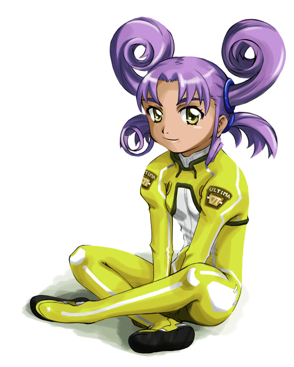 takahashi ren, kazamatsuri rinna, uchuu no stellvia, 00s, flat chest, full body, purple hair, simple background, sitting, solo, white background, yellow eyes