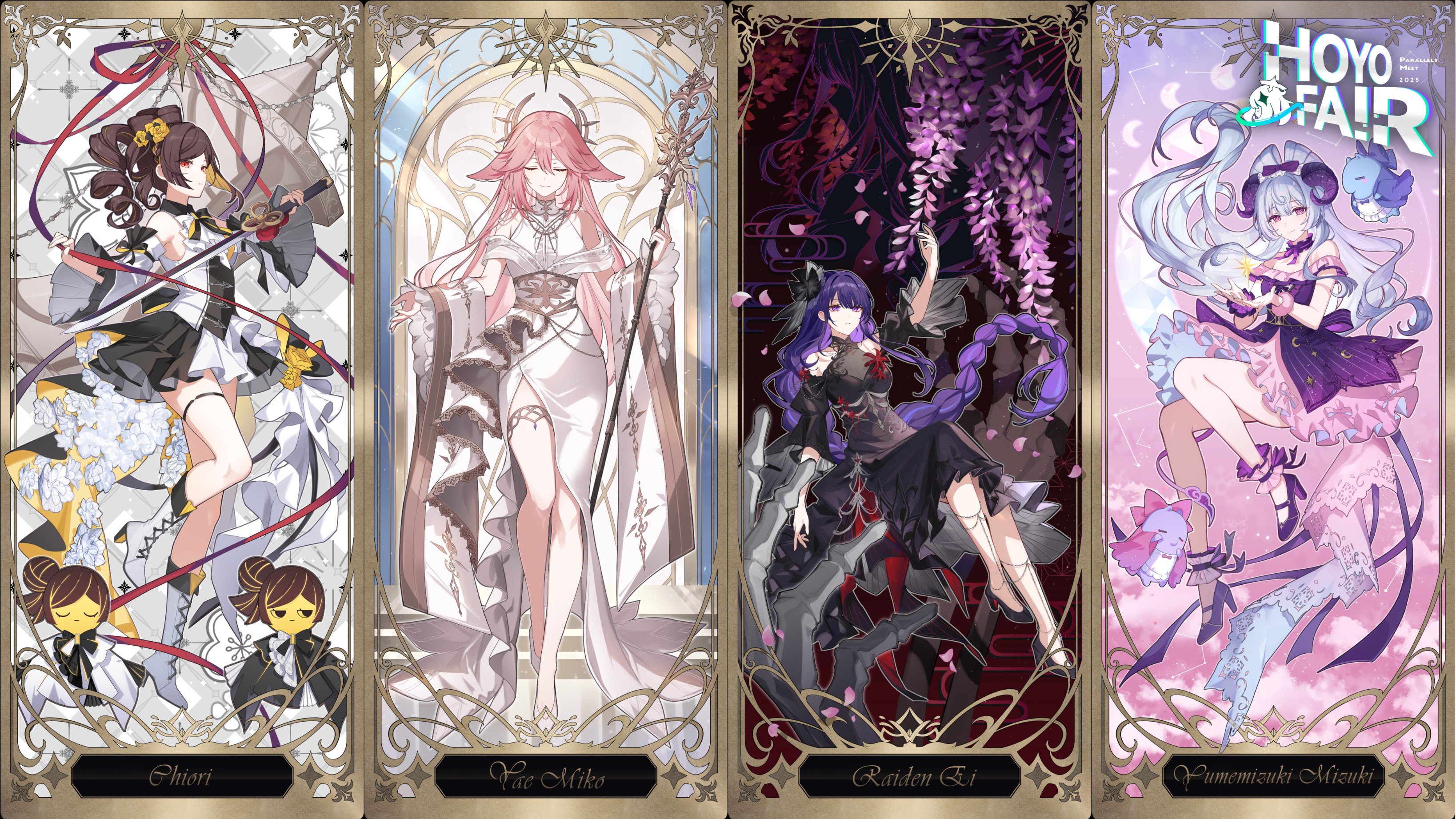 boo 1, chiori (genshin impact), raiden shogun, yae miko, yumemizuki mizuki, genshin impact, absurdres, commentary, english commentary, highres, second-party source, 4girls, alternate costume, animal ears, bare shoulders, black dress, black shoes, blue hair, boots, braid, brown hair, closed eyes, detached sleeves, dress, floating, floating hair, fox ears, full body, high heels, holding, holding sword, holding weapon, hoyofair, knee boots, long hair, long sleeves, low-tied long hair, multiple girls, pink hair, purple dress, purple eyes, purple hair, shoes, standing, standing on one leg, sword, weapon, white boots, white dress, white shoes, wide sleeves