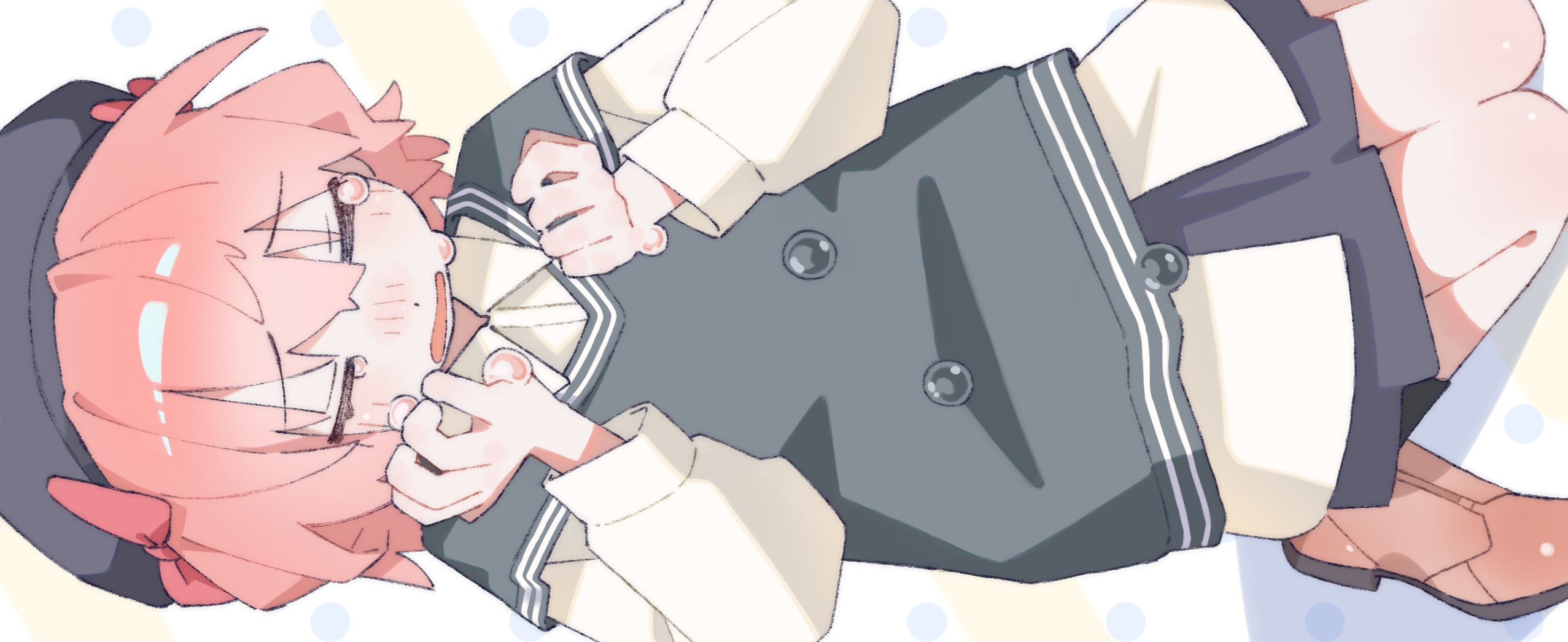 nanoni!, original, highres, 1girl, black hat, black skirt, black socks, black vest, blush, brown shoes, closed eyes, closed mouth, collared shirt, crying, full body, hands up, hat, pink hair, pleated skirt, polka dot, polka dot background, school uniform, shirt, shoes, short hair, sideways, skirt, socks, solo, tears, vest, white shirt