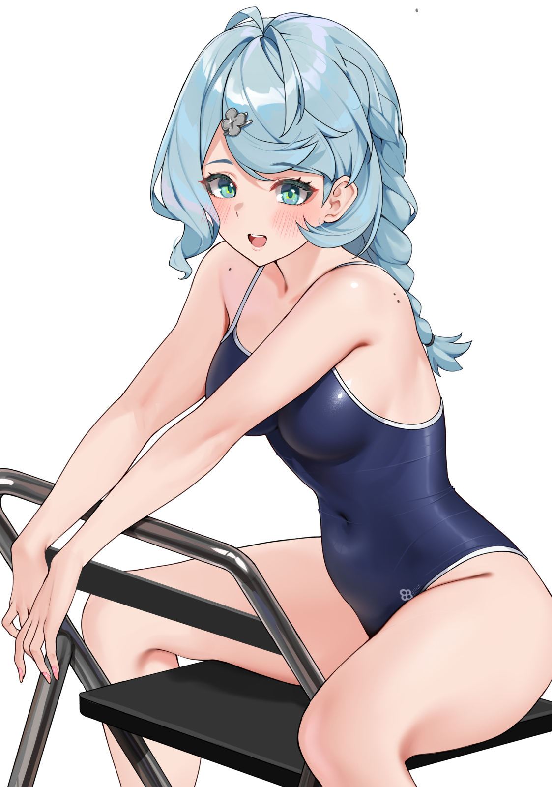 matrix16, seed (zenless zone zero), zenless zone zero, highres, 1girl, ahoge, blue eyes, blue hair, blue one-piece swimsuit, braid, breasts, chair, competition school swimsuit, feet out of frame, folding chair, long hair, looking at viewer, medium breasts, one-piece swimsuit, school swimsuit, simple background, single braid, sitting, sitting backwards, solo, swimsuit, white background