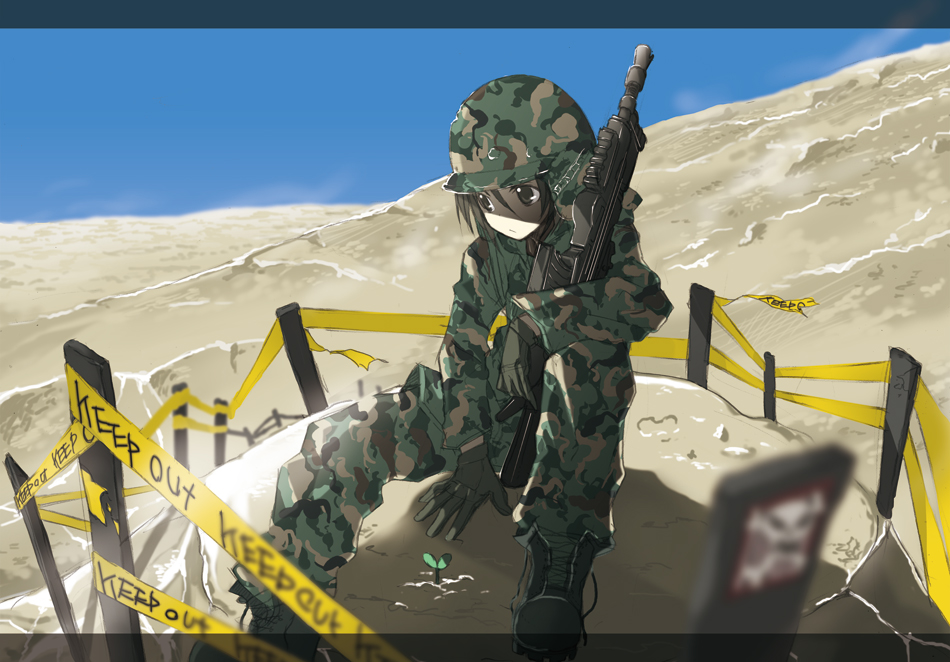 kazuki ren, original, 1girl, assault rifle, blurry, boots, camouflage, caution tape, combat boots, depth of field, desert, female focus, gun, helmet, keep out, letterboxed, military, military combat uniform, military fatigues, military uniform, rifle, shadow, sitting, soldier, solo, weapon