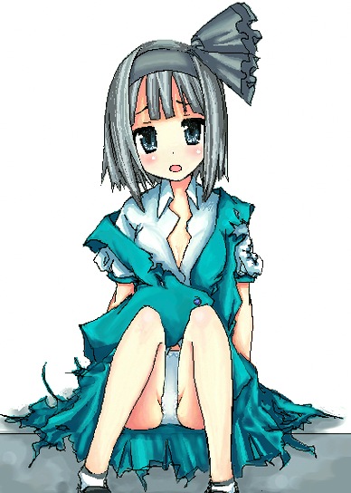 kuroneko jiji, konpaku youmu, touhou, 1girl, bob cut, female focus, panties, socks, solo, torn clothes, underwear