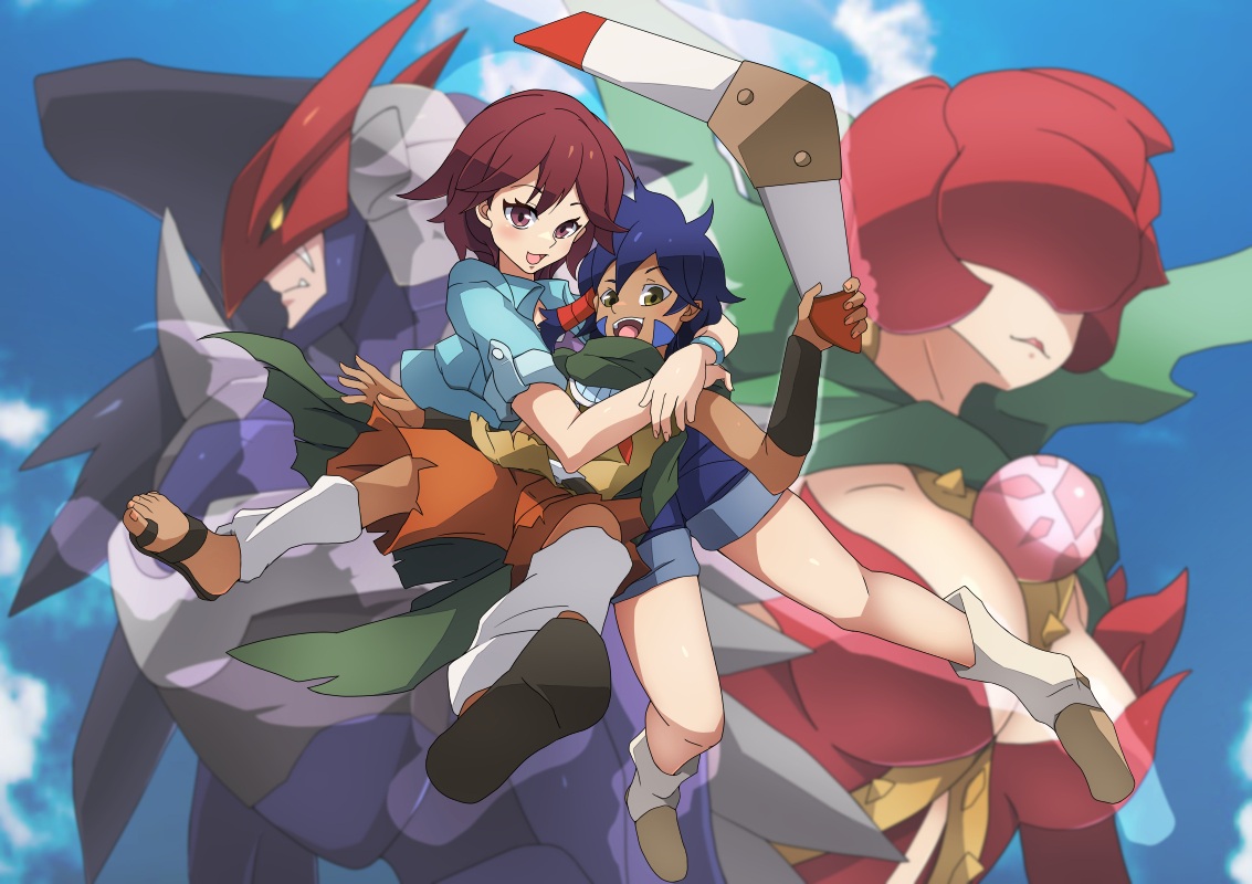 roy payne, fujieda yoshino, noguchi ikuto, ravmon, rosemon, digimon, digimon savers, digimon (creature), flower, hug, mask, petals, pink eyes, pink hair, short hair, smile