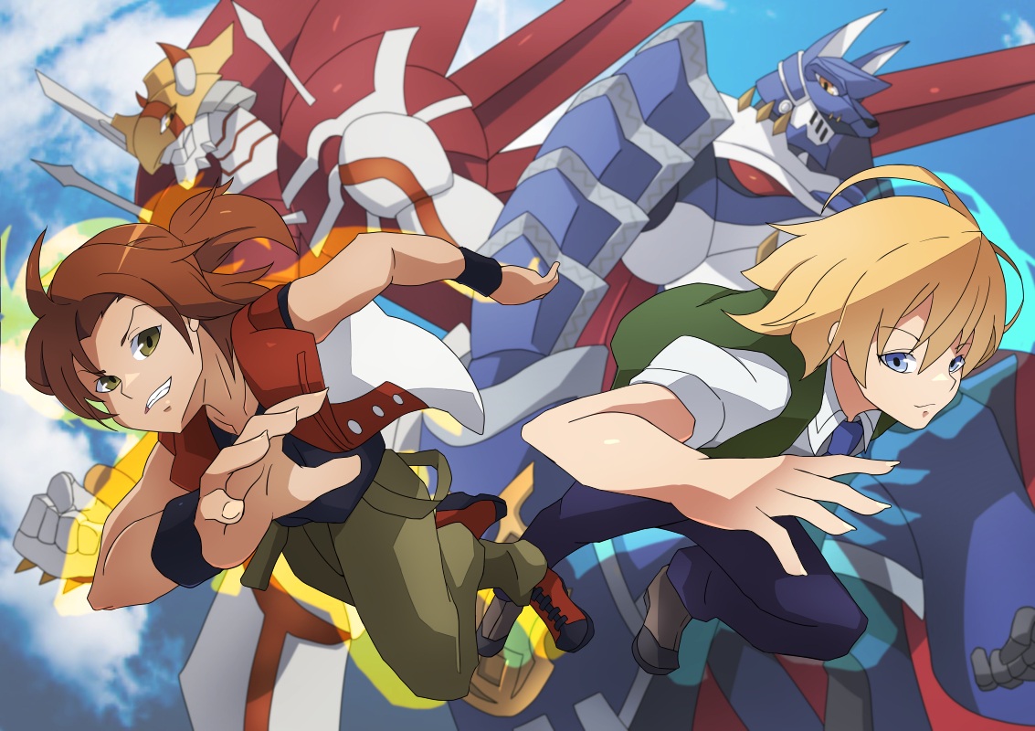 roy payne, daimon masaru (digimon savers), miragegaogamon, shinegreymon, thoma h. norstein, digimon, 2boys, digimon (creature), horns, jacket, looking at viewer, multiple boys, smile, wings