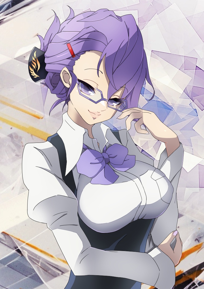 roy payne, mikagura mirei, digimon, digimon world re:digitize, glasses, purple eyes, purple hair, ribbon, short hair