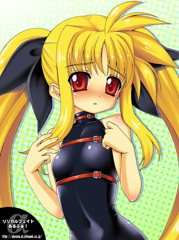 hotori (sion), fate testarossa, lyrical nanoha, mahou shoujo lyrical nanoha, 00s, 1girl, :o, bare shoulders, blonde hair, breasts, covered navel, female focus, long hair, looking at viewer, open mouth, red eyes, sidelocks, skin tight, small breasts, solo, twintails, upper body, very long hair