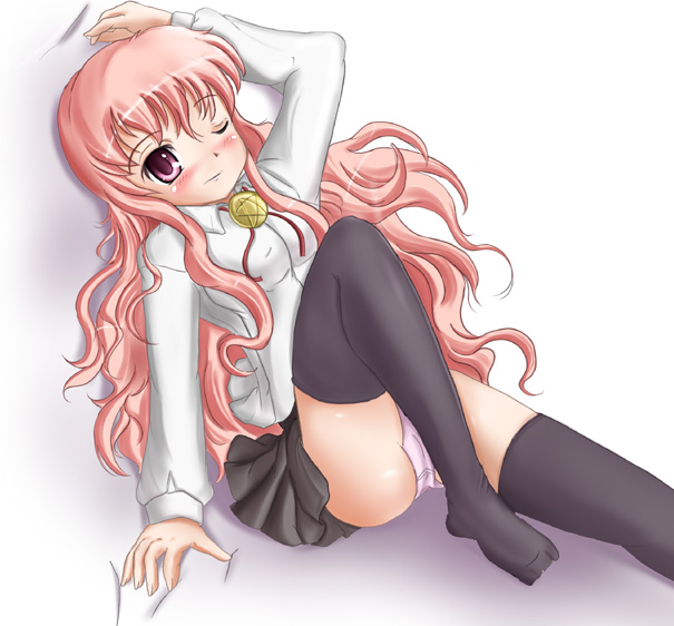 kyabesuke, louise francoise le blanc de la valliere, zero no tsukaima, 00s, 1girl, blush, female focus, one eye closed, panties, pentacle, solo, thighhighs, underwear, wink