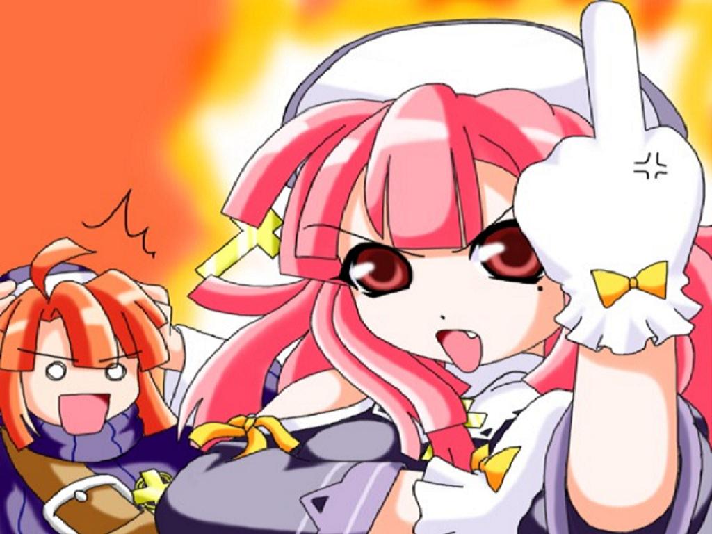 culotte, prier, la pucelle, jpeg artifacts, 2girls, middle finger, mole, mole under eye, multiple girls, pink hair, red eyes
