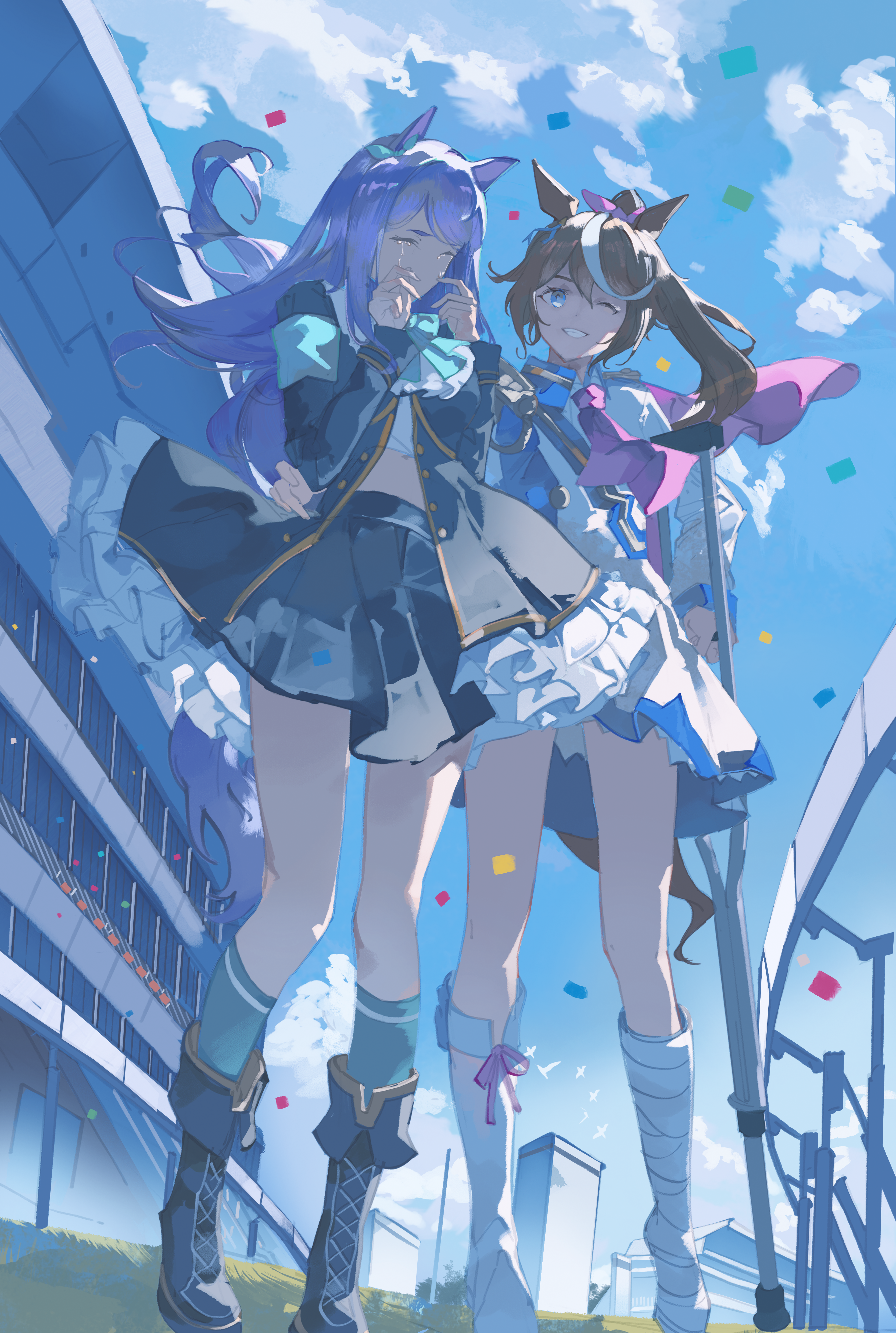 saturn (saturn illus), mejiro mcqueen (umamusume), tokai teio (umamusume), umamusume, absurdres, commentary, highres, 2girls, animal ears, armband, ascot, black boots, black jacket, black skirt, blue eyes, blue sky, boots, bow, brown hair, capelet, closed mouth, cloud, collared shirt, confetti, crutch, crying, day, ear bow, full body, green armband, green bow, grin, hair bow, hand on another's waist, horse ears, horse girl, horse racing track, jacket, kneehighs, lace-up boots, leg cast, long hair, looking at viewer, mejiro mcqueen (frontline elegance) (umamusume), multicolored hair, multiple girls, one eye closed, outdoors, pink ascot, pink bow, pink capelet, pleated skirt, purple hair, shirt, single boot, skirt, sky, smile, socks, standing, streaked hair, tokai teio (peak joy) (umamusume), white boots, white hair, white shirt