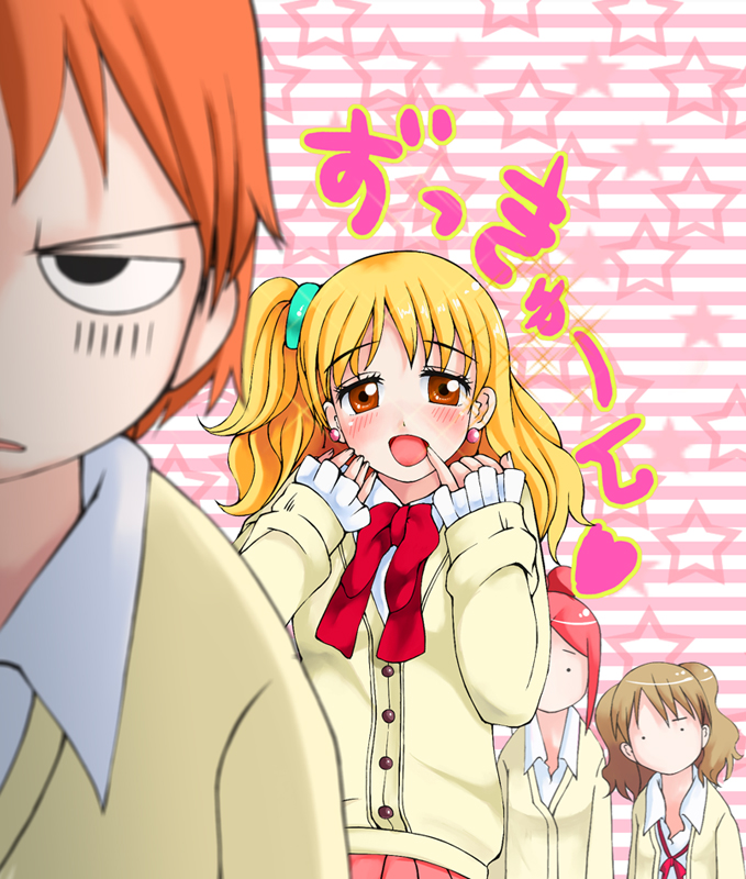 hubrael, ishihara nobuko, koizumi risa, kotobuki seiko, ootani atsushi, lovely complex, translation request, 00s, 1boy, 3girls, blonde hair, blush, cardigan, finger to mouth, multiple girls, one side up, red hair, school uniform, serafuku, sparkle