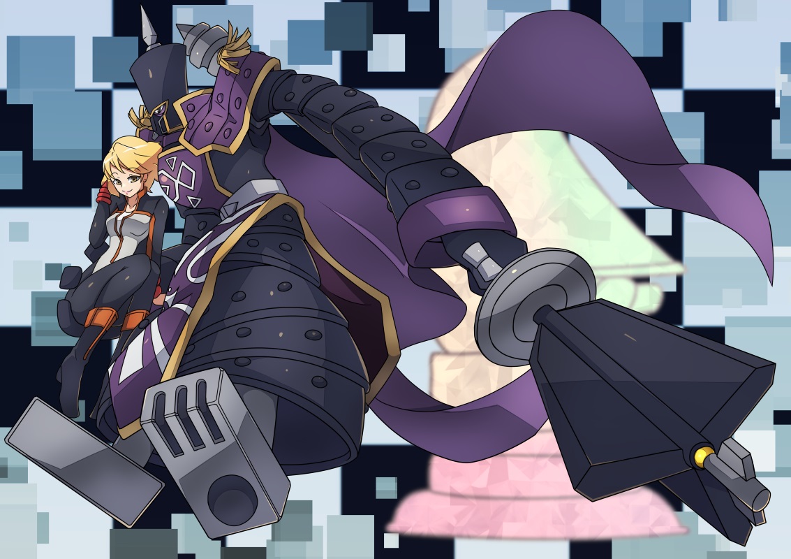 roy payne, shirakawa megumi, digimon, digimon savers, bishopchessmon (black), blonde hair, cape, digimon (creature), looking at viewer, robot, smile