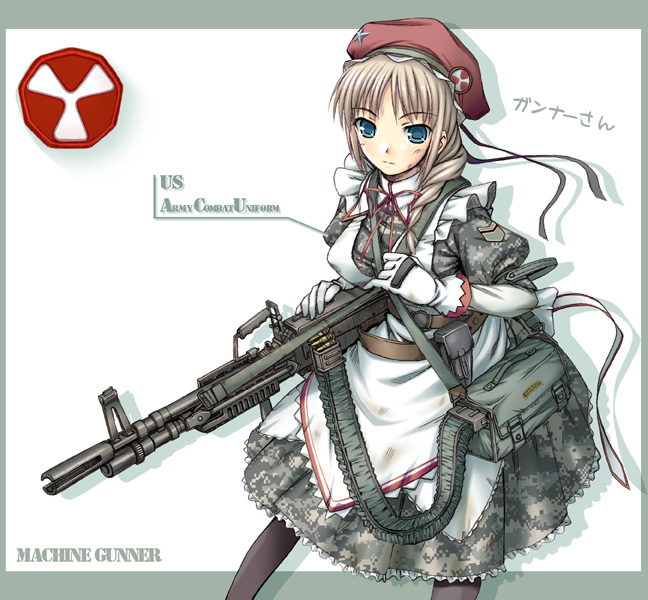 nomura teruya, original, 1girl, combat maid, female focus, gun, machine gun, maid, pantyhose, solo, weapon