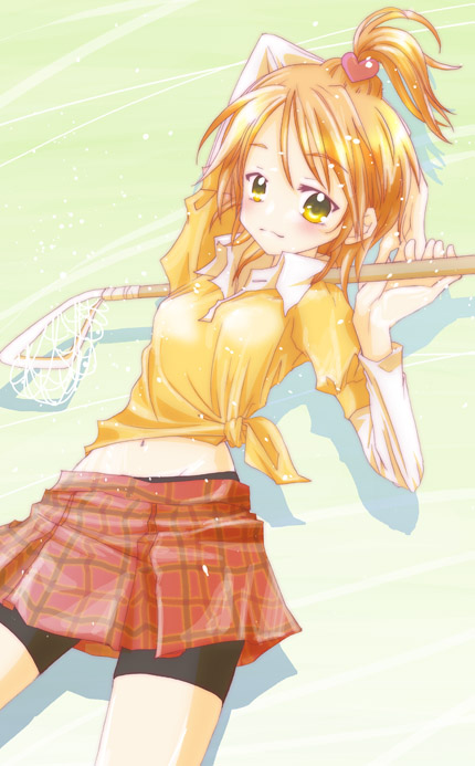 kawaizumi pome, misumi nagisa, futari wa precure, precure, md5 mismatch, 00s, 1girl, alternate hairstyle, bike shorts, female focus, lacrosse, shirt, skirt, solo, tied shirt