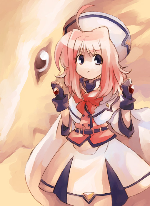 kouno hikaru, caro ru lushe, friedrich (nanoha), kerykeion (nanoha), lyrical nanoha, mahou shoujo lyrical nanoha, mahou shoujo lyrical nanoha strikers, uniform, 00s, 1girl, :<, ahoge, belt, beret, blue eyes, bow, cape, coat, female focus, fingerless gloves, gauntlets, gloves, hat, long hair, looking at viewer, magical girl, neck ribbon, pink hair, red bow, ribbon, serious, skirt, skirt set, solo, standing