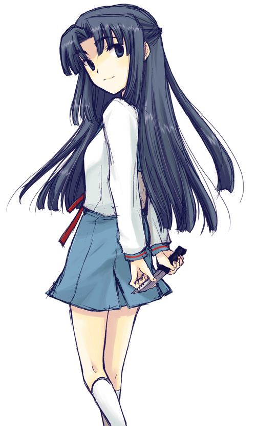 shima tokio, asakura ryoko, suzumiya haruhi no yuuutsu, 00s, 1girl, blue eyes, blue hair, blue skirt, cowboy shot, female focus, from behind, half updo, kneehighs, kneeling, knife, long hair, long sleeves, looking at viewer, matching hair/eyes, school uniform, serafuku, simple background, skirt, socks, solo, standing, very long hair, white background, white socks