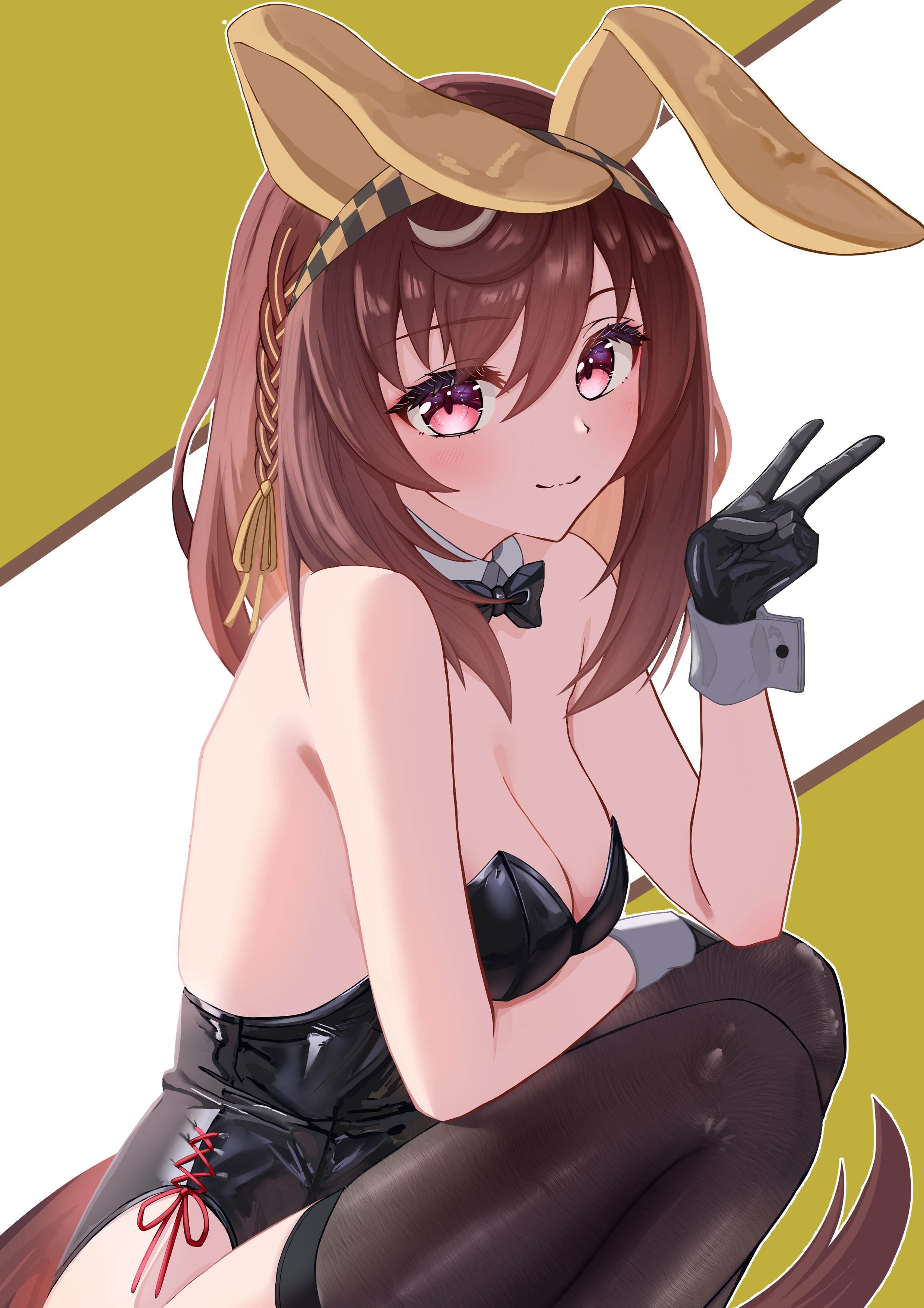 moyashi toufu, buena vista (umamusume), umamusume, absurdres, commentary request, highres, 1girl, alternate costume, animal ears, blush, braid, breasts, brown hair, cleavage, closed mouth, collarbone, gloves, hairband, horse ears, horse girl, horse tail, leotard, looking at viewer, medium breasts, playboy bunny, purple eyes, simple background, solo, tail, thighhighs, v