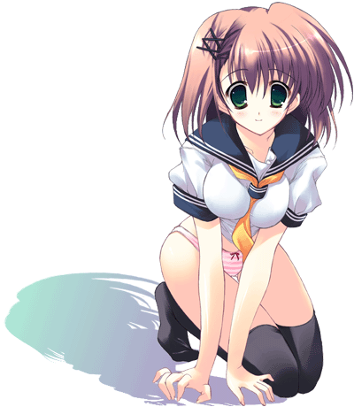 mitsui mana, original, lowres, 1girl, arm support, between breasts, black thighhighs, bow, bow panties, breasts, brown hair, female focus, full body, green eyes, hair ornament, hairclip, kneeling, large breasts, no pants, no shoes, panties, pink panties, school uniform, serafuku, shadow, short sleeves, smile, solo, striped clothes, striped panties, tareme, thigh gap, thighhighs, transparent background, underwear