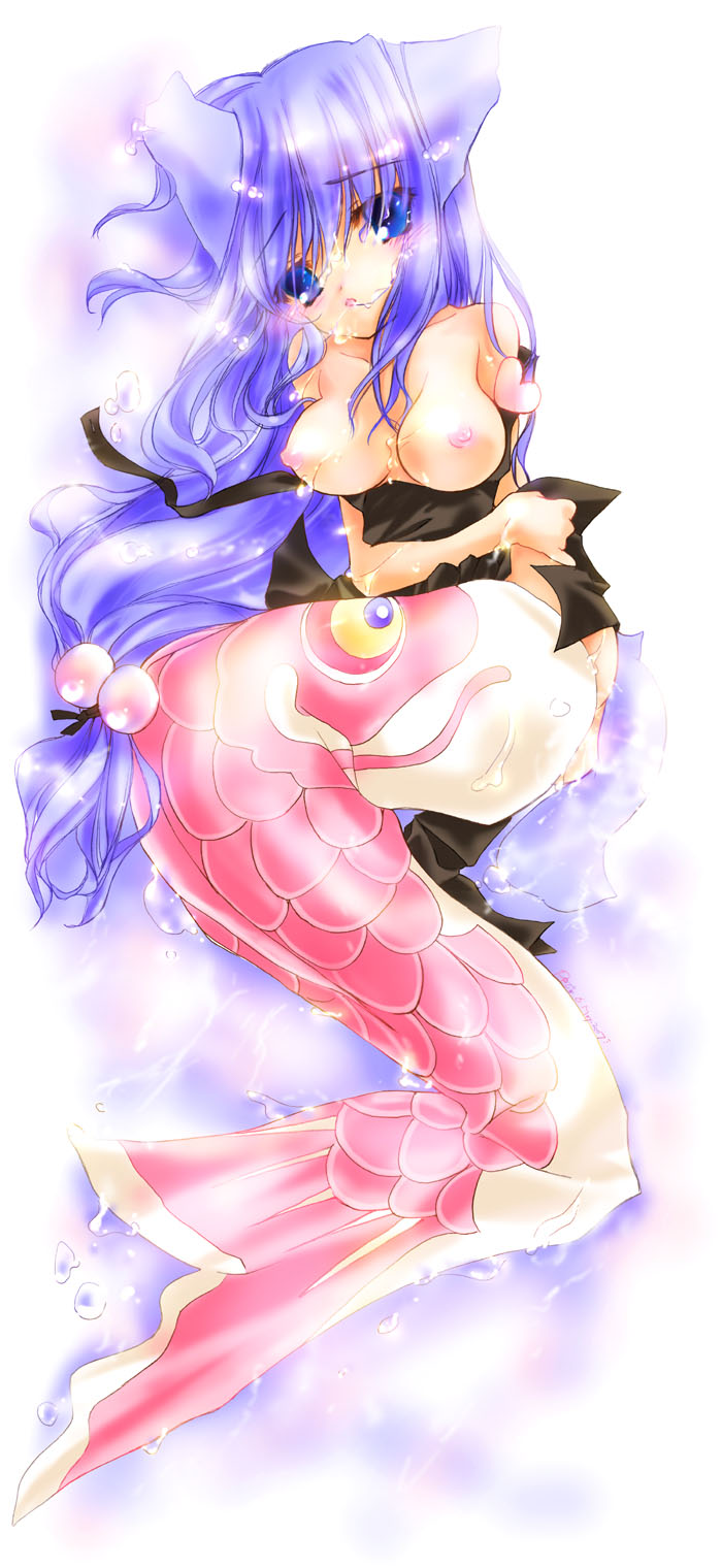 nyanmilla, original, highres, 1girl, animal ears, blue eyes, blush, breasts, cat ears, female focus, hair bobbles, hair ornament, head tilt, heart, koinobori, large breasts, long hair, mermaid, monster girl, nipples, purple hair, solo, tears, very long hair, windsock