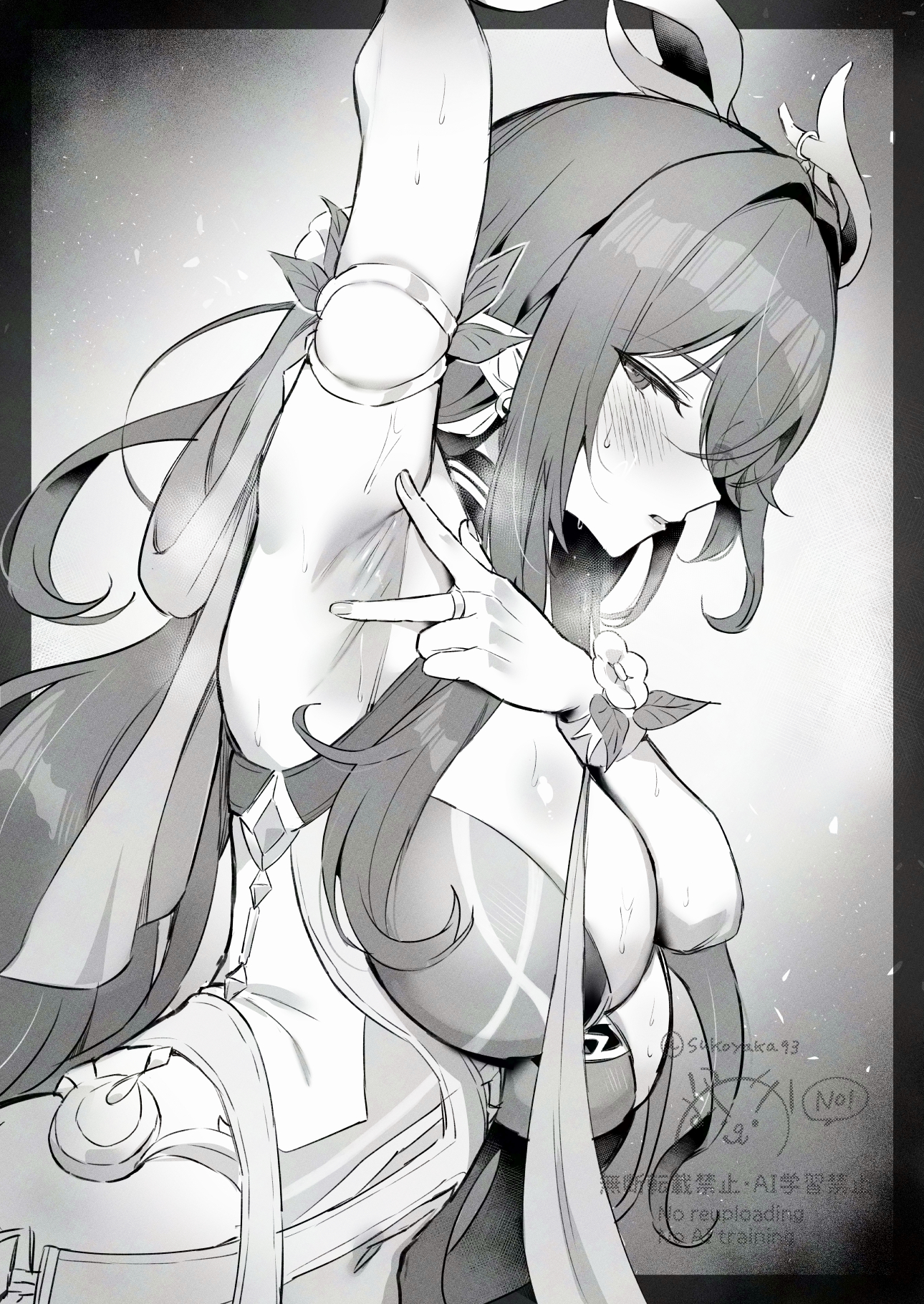 sukoyaka93, lauma (genshin impact), genshin impact, commentary, highres, 1girl, antlers, arm up, armpits, blush, breasts, deer antlers, dress, from side, greyscale, highleg, highleg dress, horns, large breasts, leaf dress, long hair, looking at viewer, monochrome, open mouth, pointy ears, presenting armpit, sideways glance, solo, sweat