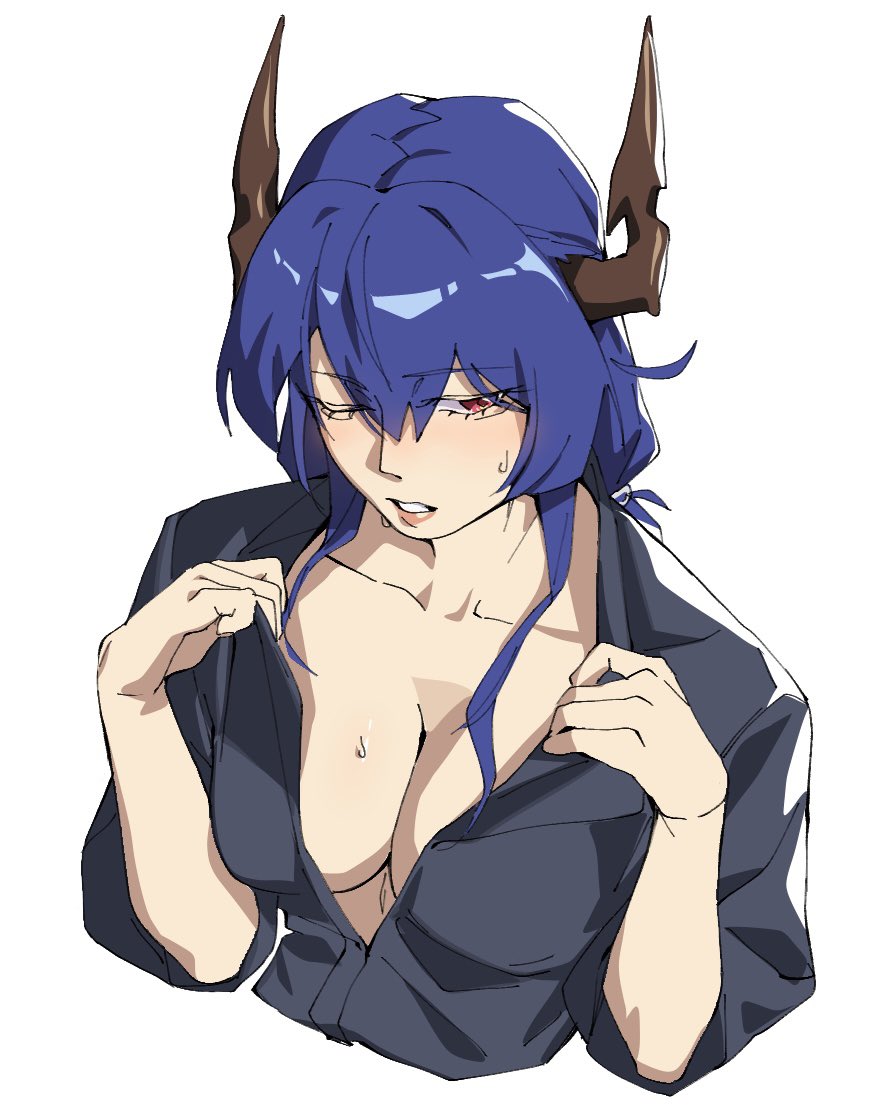 emile aoi, ch'en (arknights), arknights, commentary request, 1girl, alternate costume, black shirt, blue hair, blush, breasts, cleavage, collarbone, cropped torso, dragon girl, dragon horns, hair between eyes, horns, large breasts, long hair, looking at viewer, one eye closed, open mouth, red eyes, shirt, simple background, solo, sweat, teeth, white background
