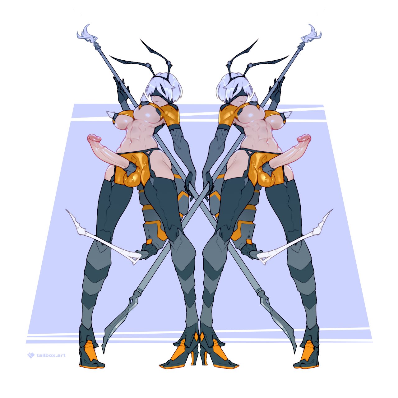 tailbox, 2b (nier:automata), nier:automata, nier (series), highres, 2girls, abdomen tail, arthropod girl, bee girl, blindfold, covered testicles, erection, full body, futanari, high heels, holding, holding polearm, holding weapon, huge penis, insect girl, multiple girls, navel, penis, polearm, pun, short hair, spear, standing, stinger, toned, weapon, white background, white hair, wide hips