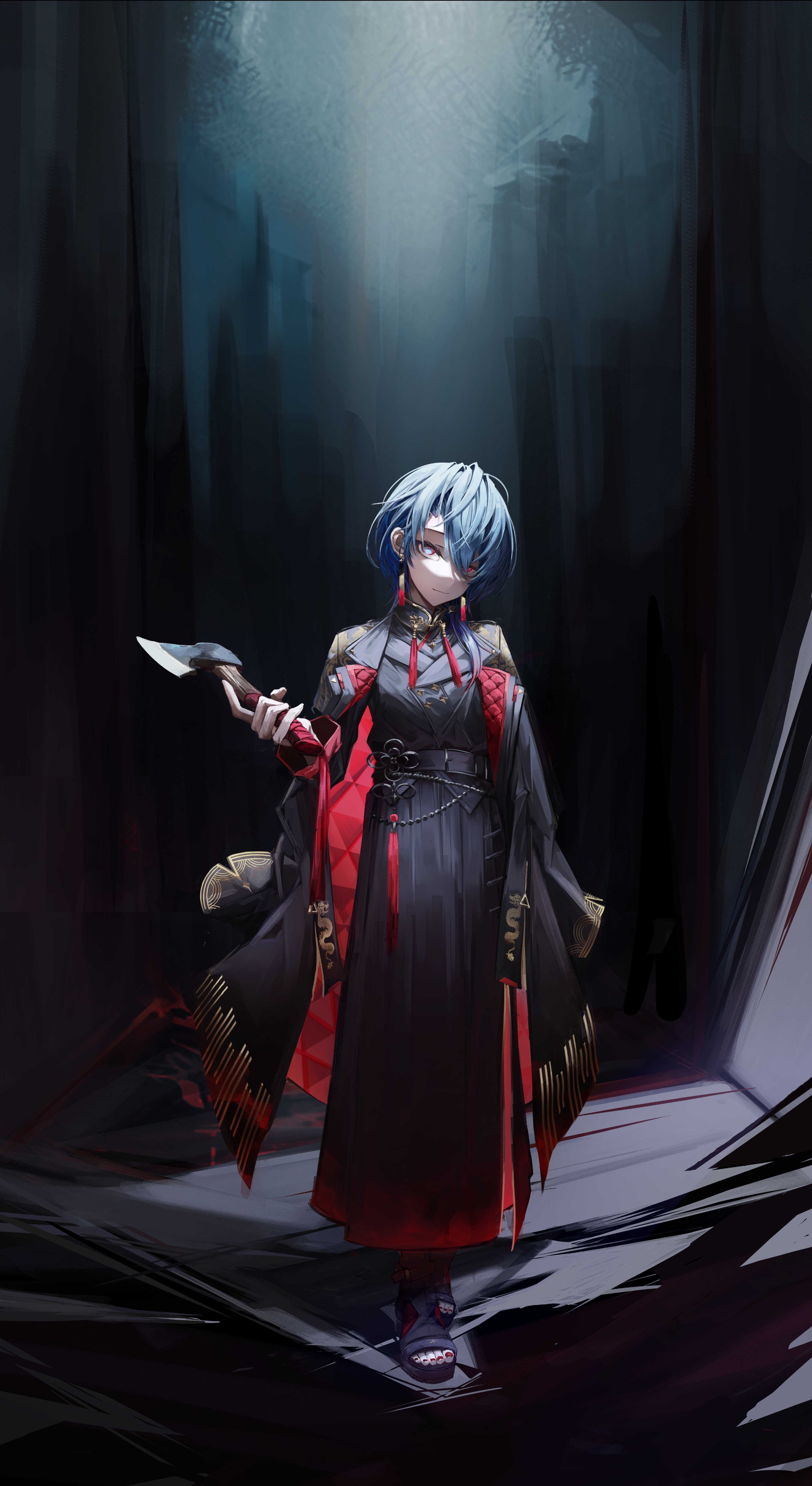 gemini17, hoshimachi suisei, hoshimachi suisei (oriental suit), hololive, absurdres, highres, 1girl, axe, black coat, black jacket, blue hair, boots, chinese clothes, closed mouth, coat, earrings, eyes visible through hair, full body, hair over one eye, high-waist skirt, holding, holding axe, jacket, jewelry, light rays, long skirt, long sleeves, looking at viewer, low ponytail, low side ponytail, mandarin collar, medium hair, nail polish, official alternate costume, official alternate eye color, official alternate hairstyle, platform boots, ponytail, print coat, red eyes, red nails, skirt, solo, toenail polish, toenails, virtual youtuber