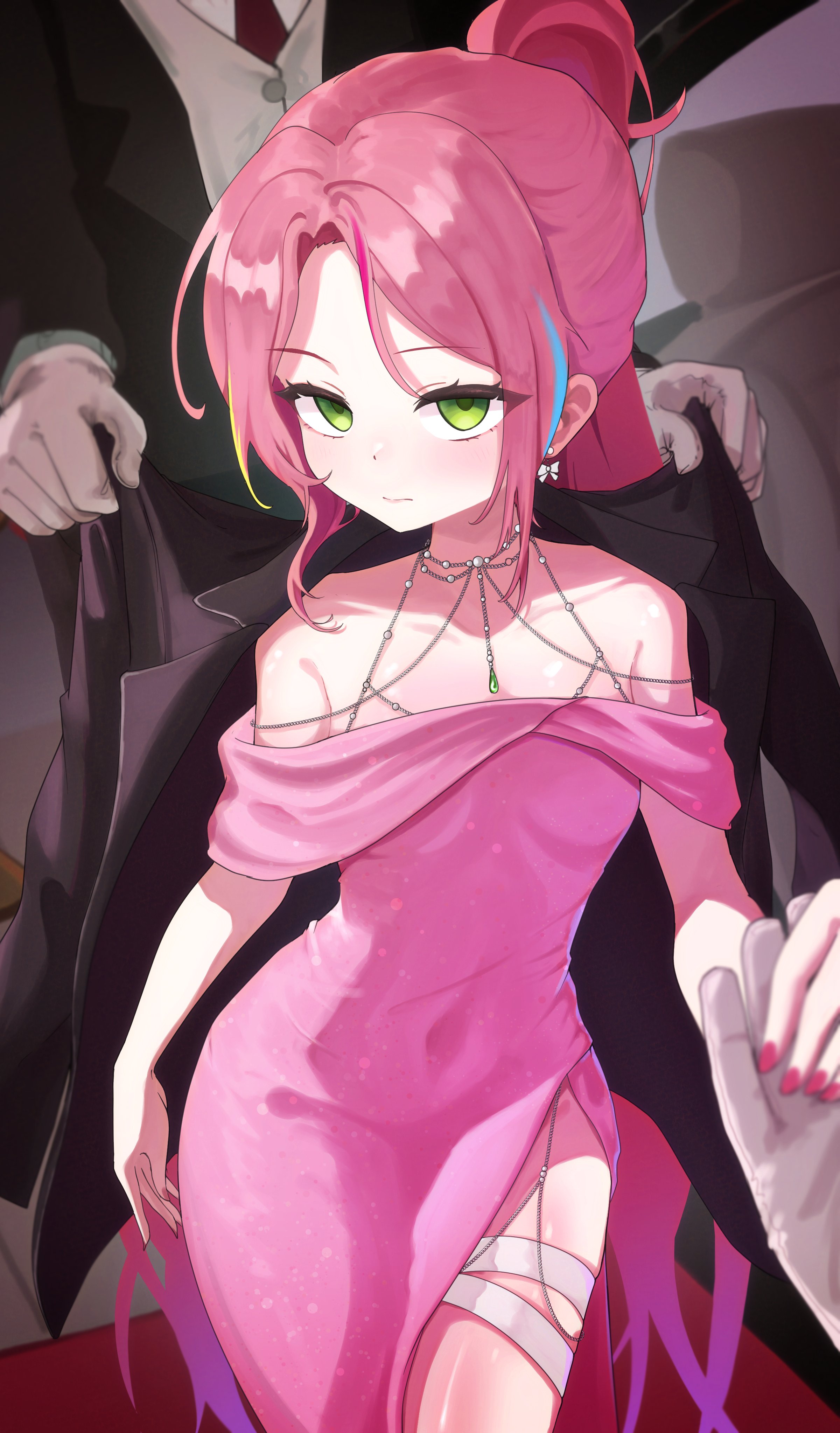 knbd, hanako nana, stellive, absurdres, commentary request, highres, korean commentary, 1girl, 2others, aqua streaks, arm at side, body jewelry, closed mouth, covered navel, cowboy shot, dress, evening gown, forehead, gloves, green eyes, green streaks, holding hands, long hair, looking at viewer, multicolored hair, multiple others, nail polish, off-shoulder dress, off shoulder, pink dress, pink hair, pink nails, ponytail, serious, side slit, solo focus, streaked hair, thigh strap, very long hair, virtual youtuber, walking, white gloves