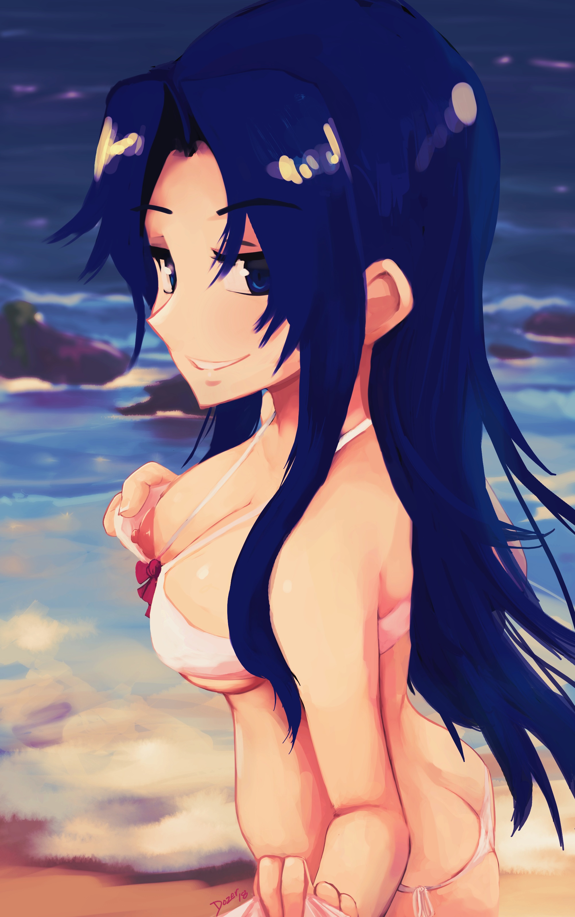 erodozer, kawashima ami, toradora!, absurdres, highres, 1girl, artist name, ass, beach, bikini, blue eyes, blue hair, blue sky, bow, breasts, butt crack, long hair, looking at viewer, nipples, ocean, outdoors, sky, smile, swimsuit, water, white bikini