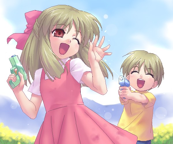 zen, kurata kazuya, kurata sayuri, kanon, 1boy, 1girl, aged down, blonde hair, brother and sister, brown eyes, child, closed eyes, dress, hair ribbon, happy, laughing, long hair, oekaki, one eye closed, open mouth, red eyes, ribbon, short hair, siblings, smile, water gun, wink